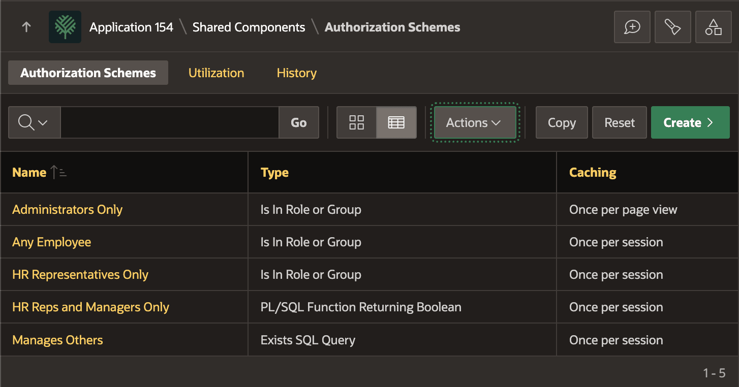 Authorization Schemes 页面中新增 SQL 和 PL/SQL 授权方案
