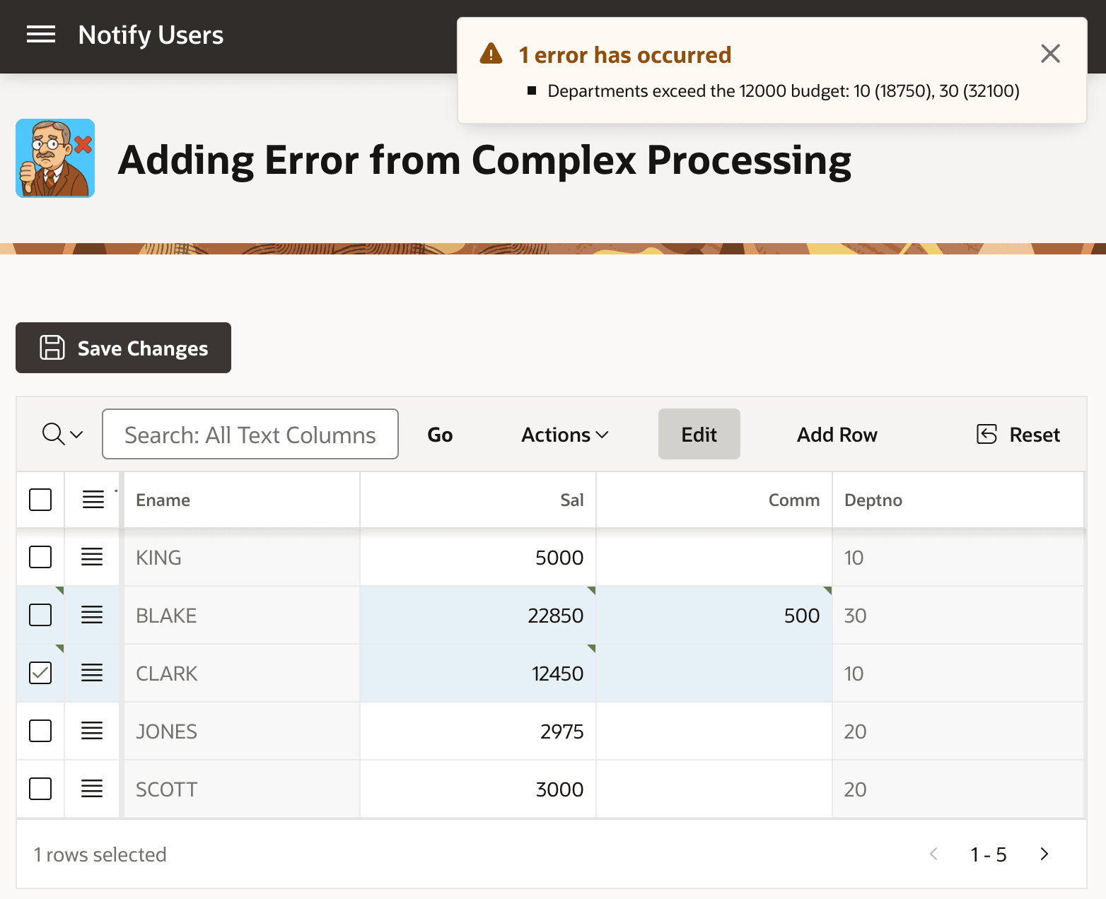 聚合 SQL 发现部门薪酬超限并通过 ADD_ERROR 拒绝保存