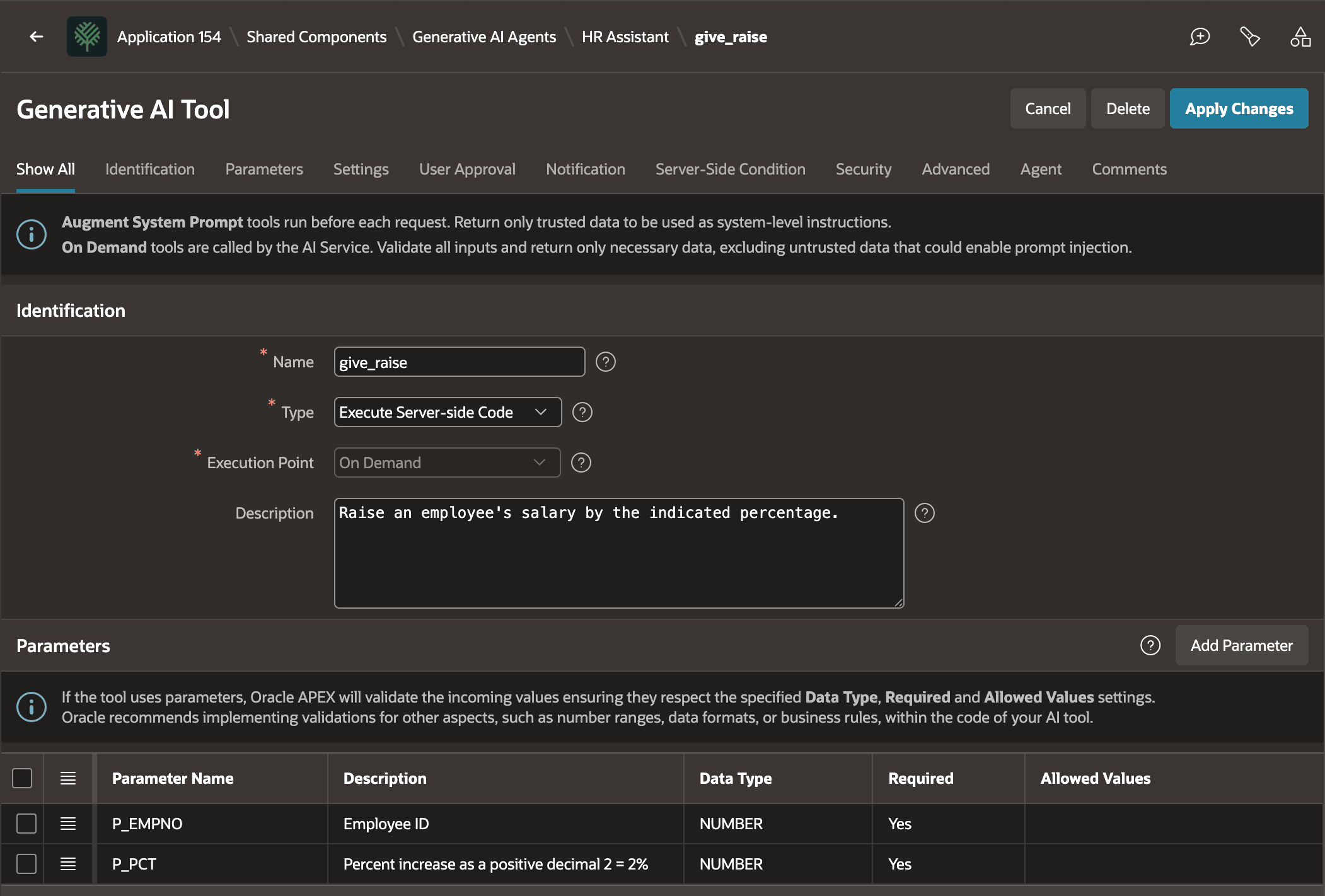 图 12-13 定义带必填参数的 Execute Server-side Code On Demand 工具