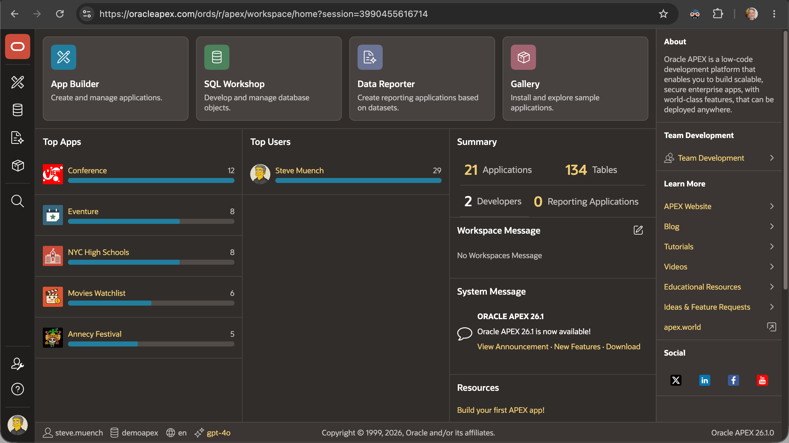 APEX App Builder 在 DEMOAPEX 工作区中的首页