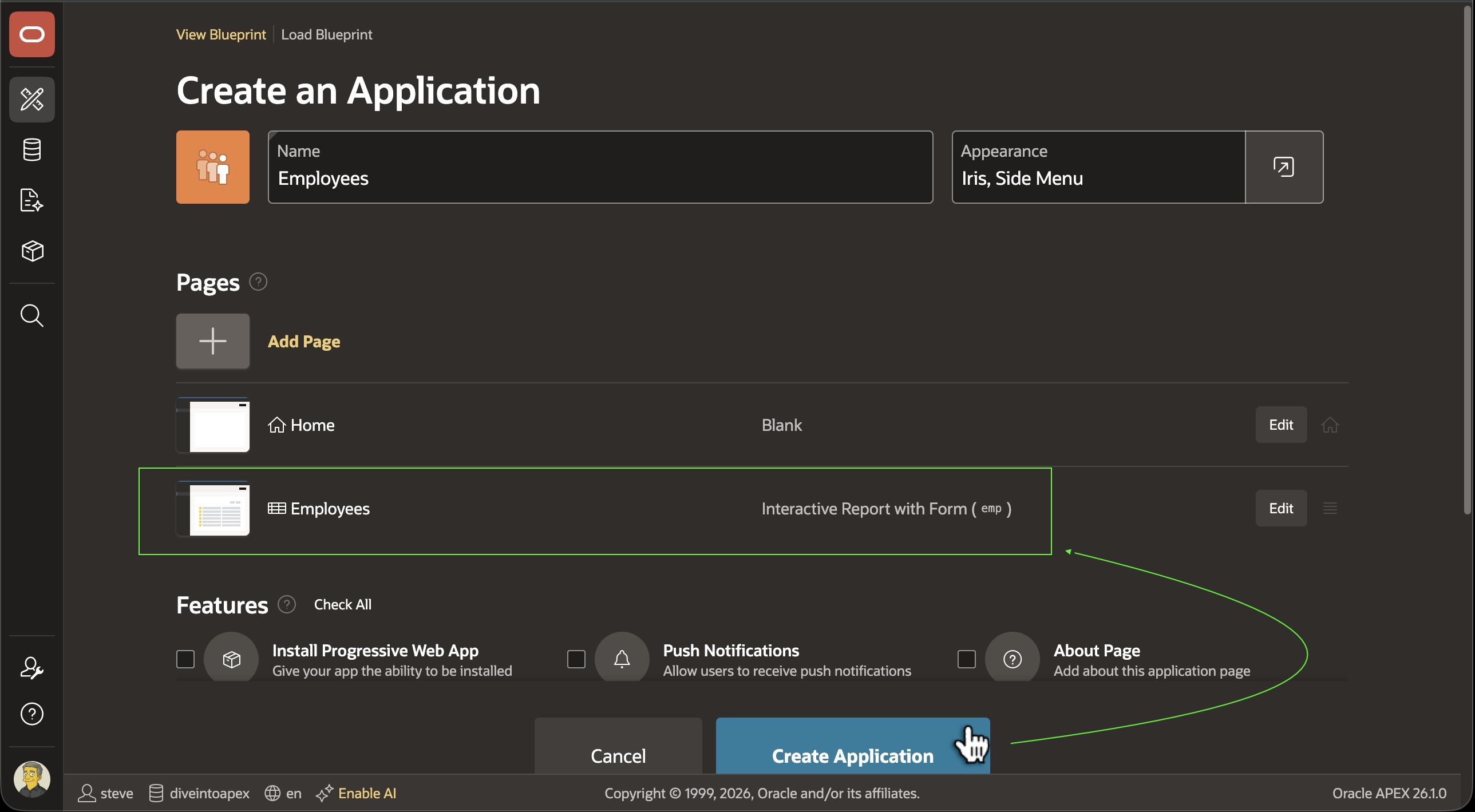使用 Create App Wizard 创建一个基于 EMP 表的小型 Employees 应用
