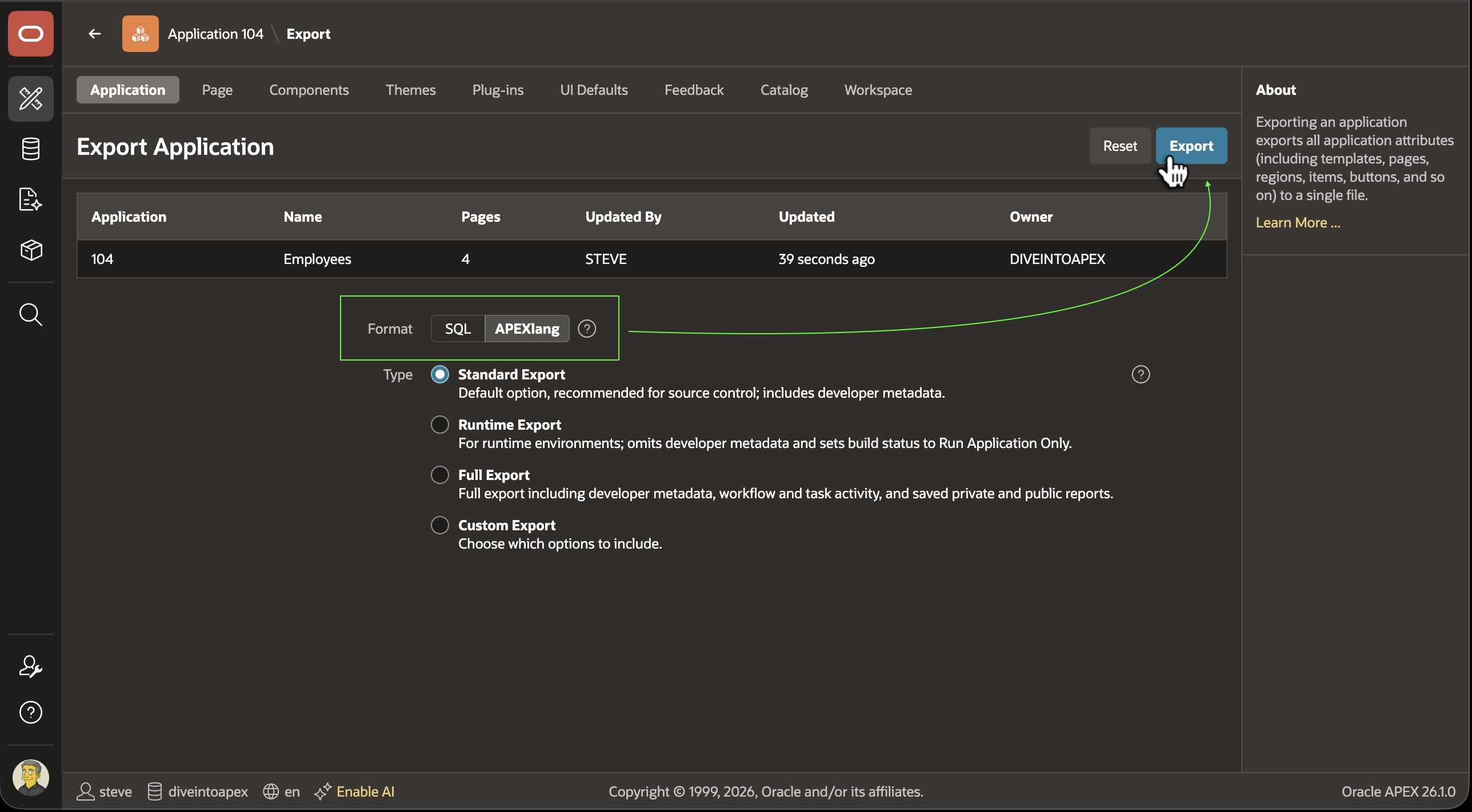 App Builder Export Application 页面中选择 APEXlang 格式