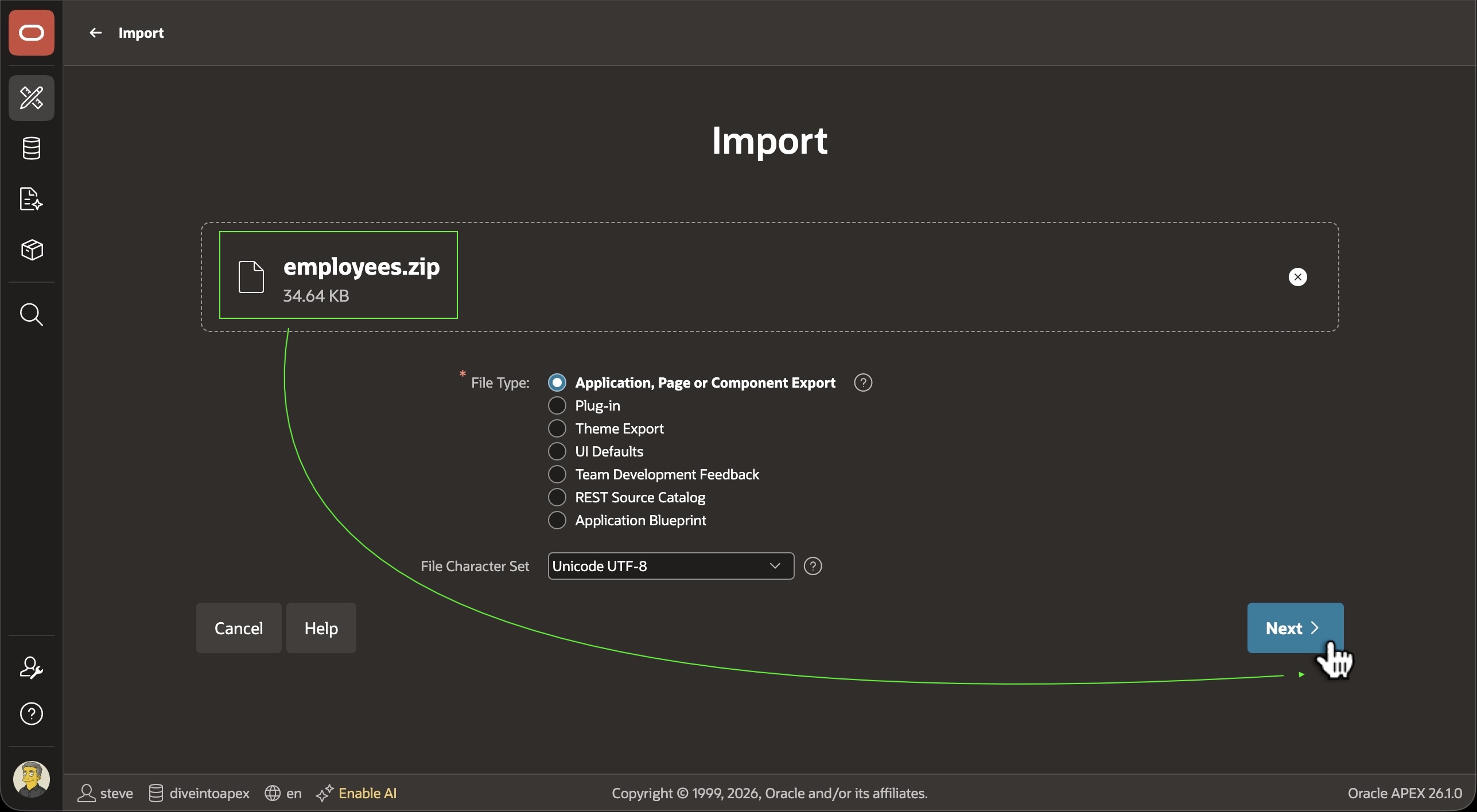 App Builder Import 页面上传 APEXlang 格式应用 zip 文件