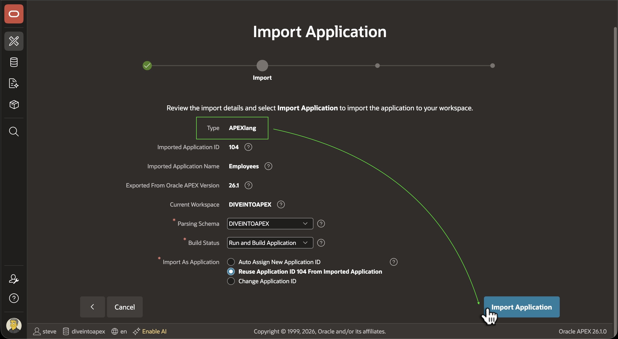 Import wizard 预览 APEXlang 应用并选择 Application ID