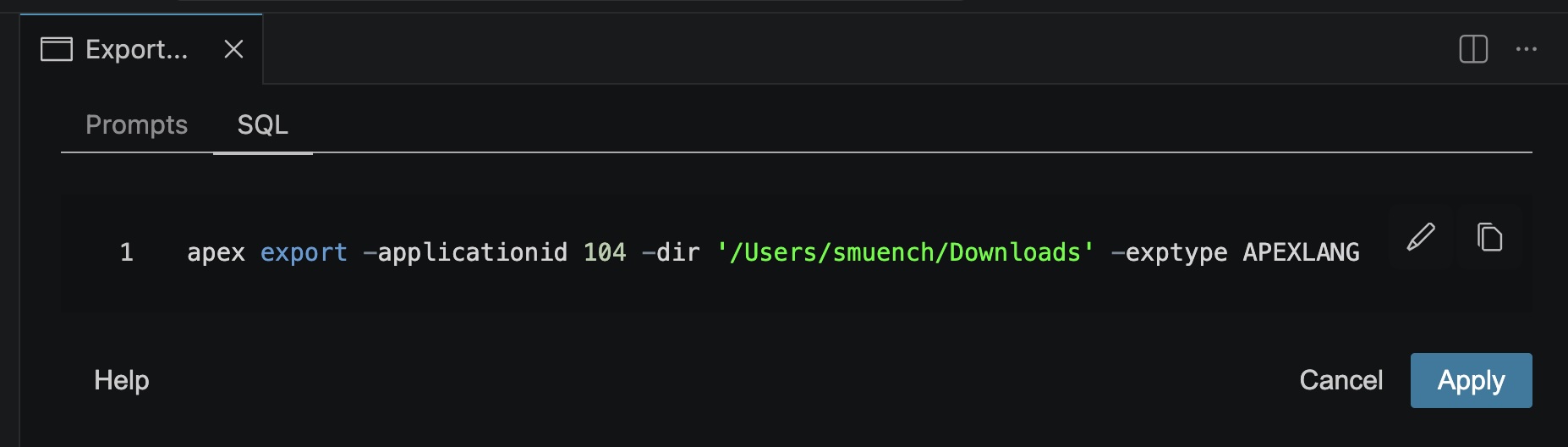 SQL Developer for VS Code Export 面板显示用于导出 APEXlang 的 SQLcl 命令