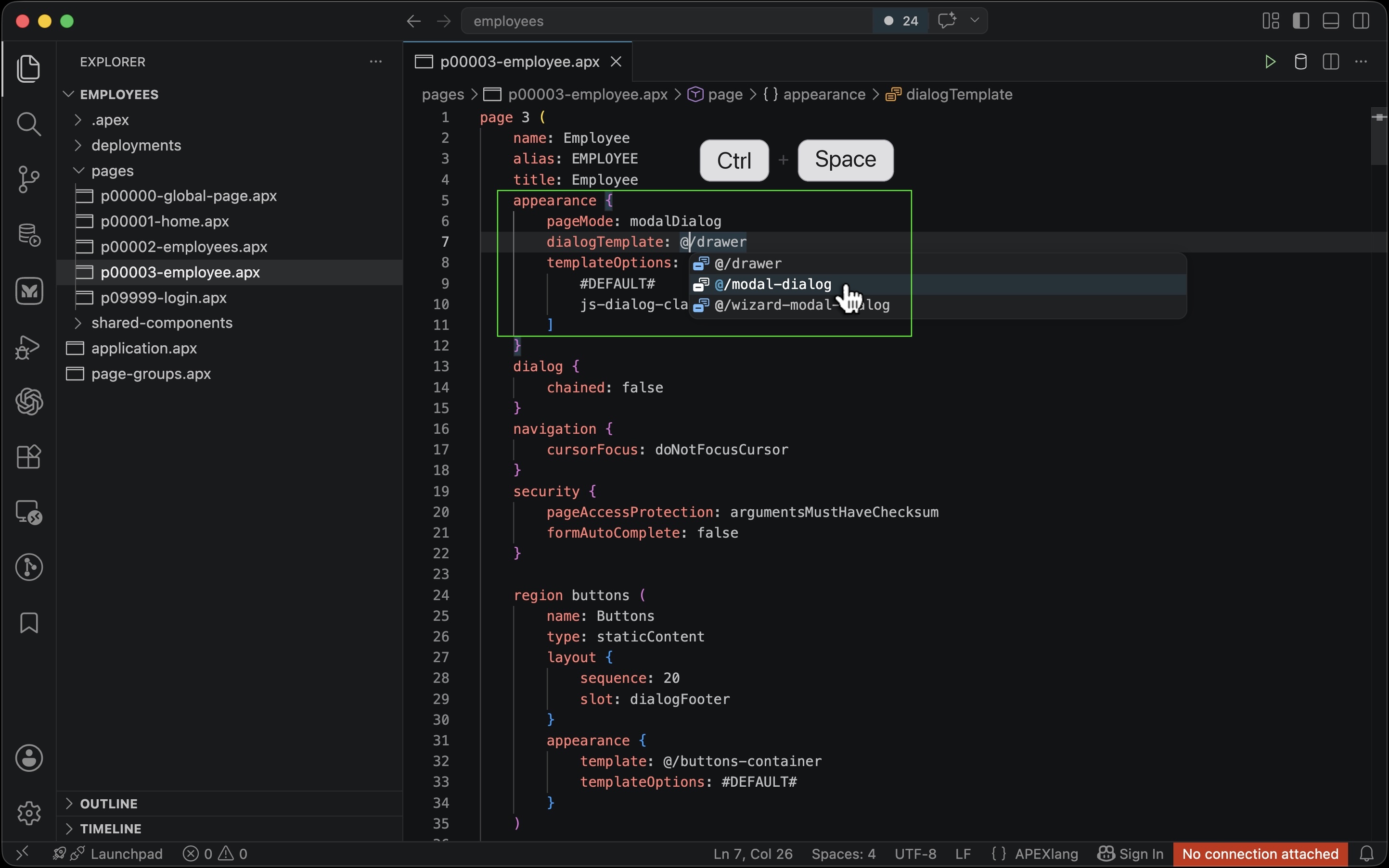 VS Code 中编辑 APEXlang 文件并使用代码补全选择模板引用