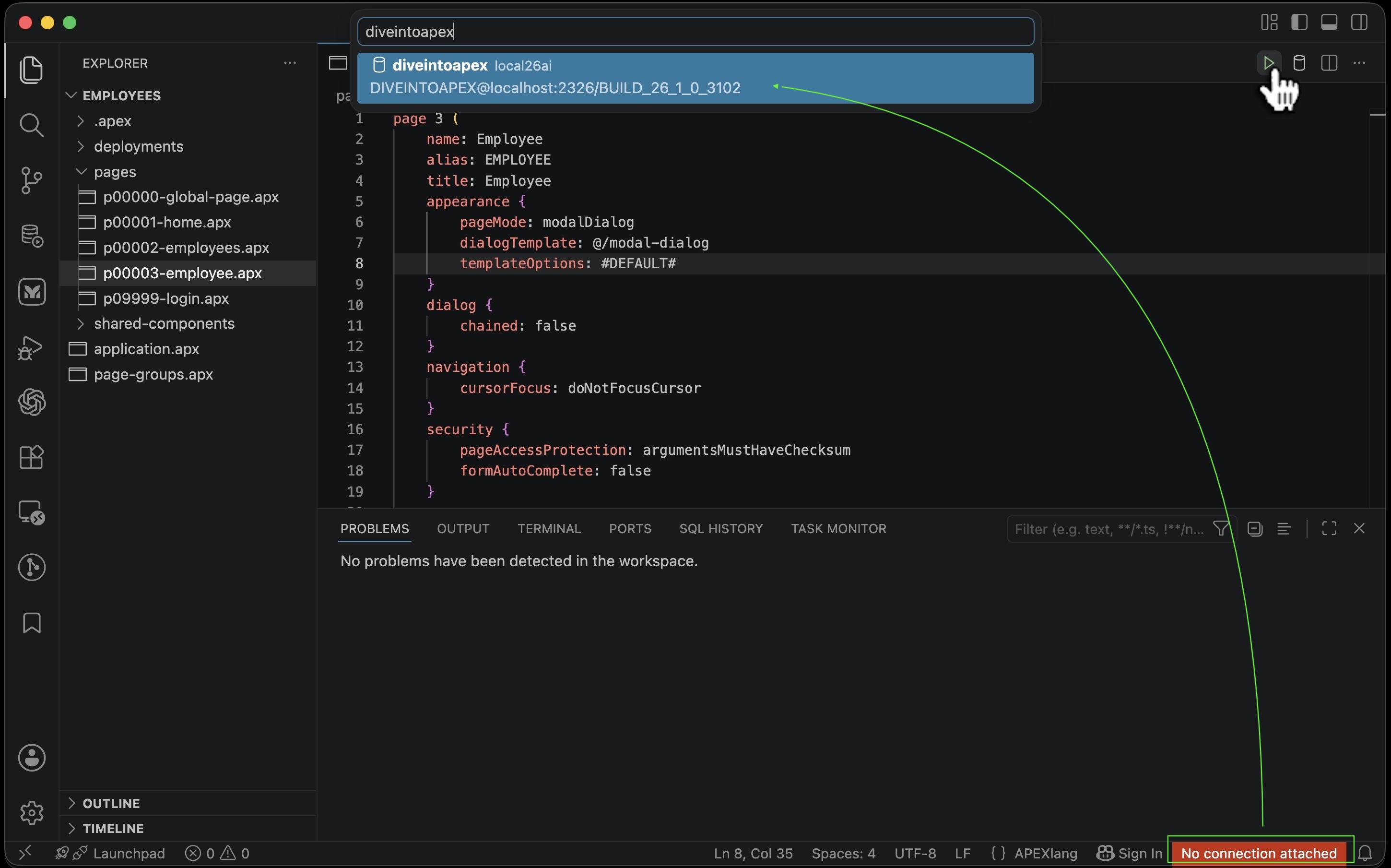 VS Code 编辑器工具栏中点击 play 按钮导入 APEXlang 应用