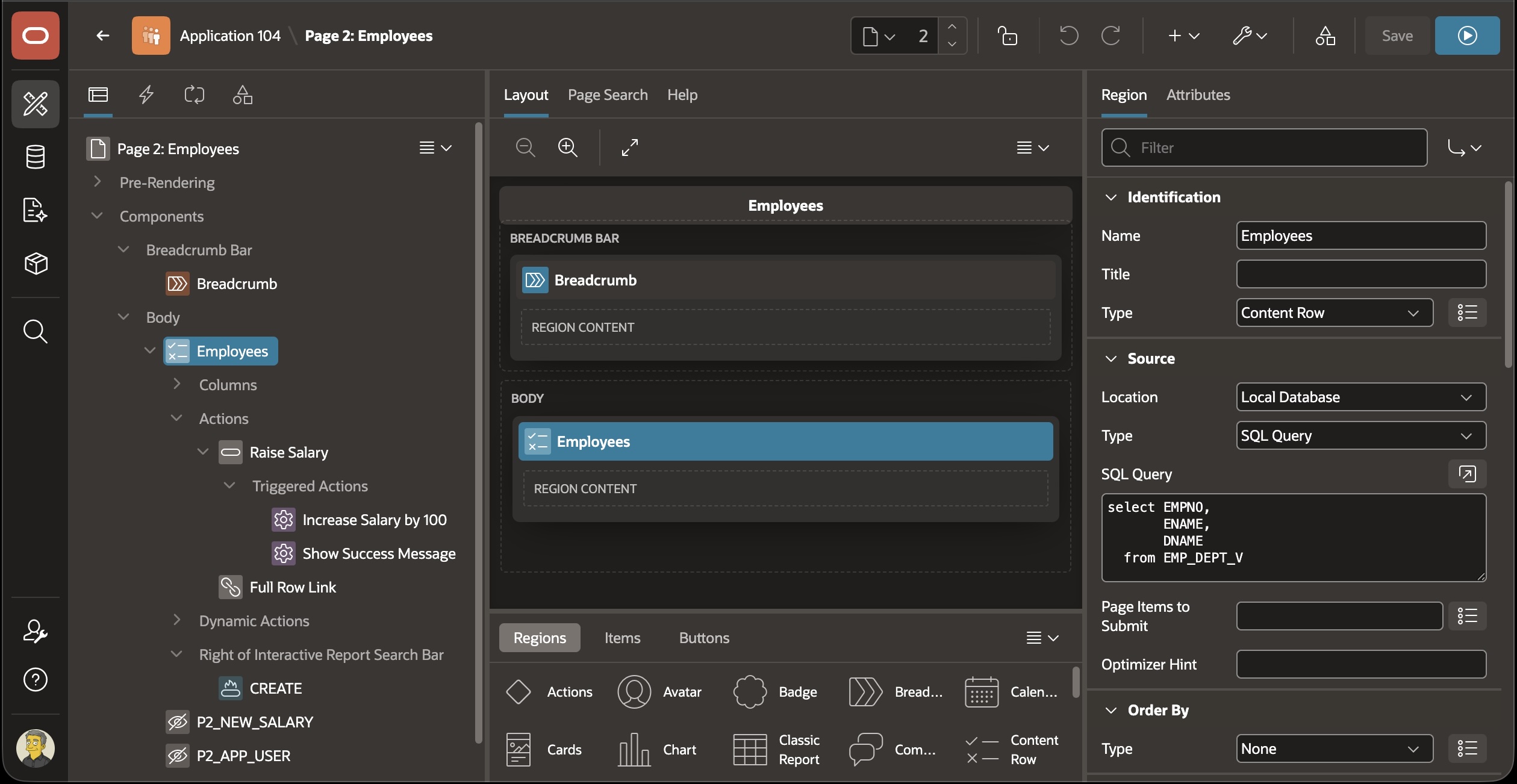 Page Designer 中修改后的 Employees 页面，包含 Content Row、动作按钮和代码属性