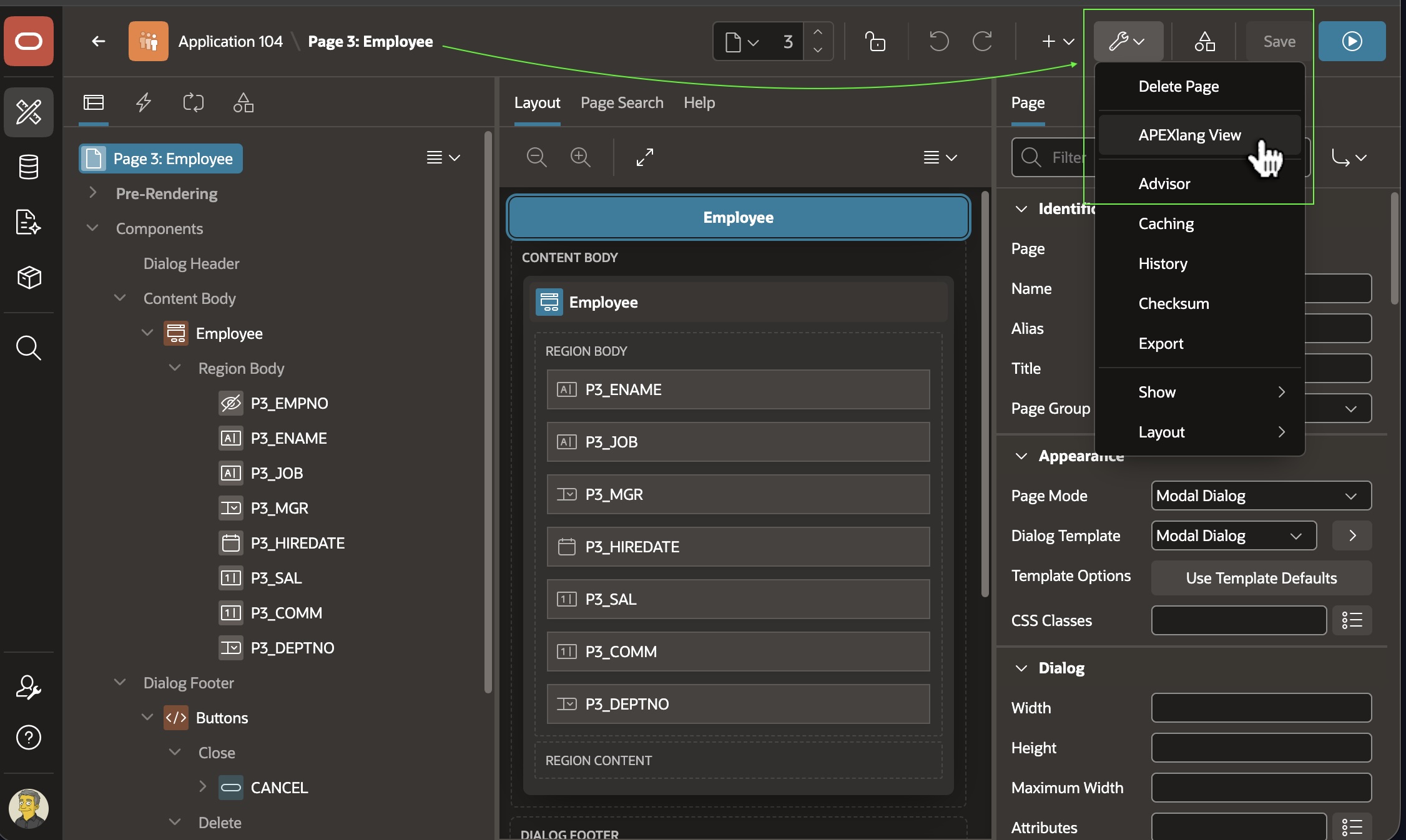 Page Designer 菜单中打开当前页面的 APEXlang View