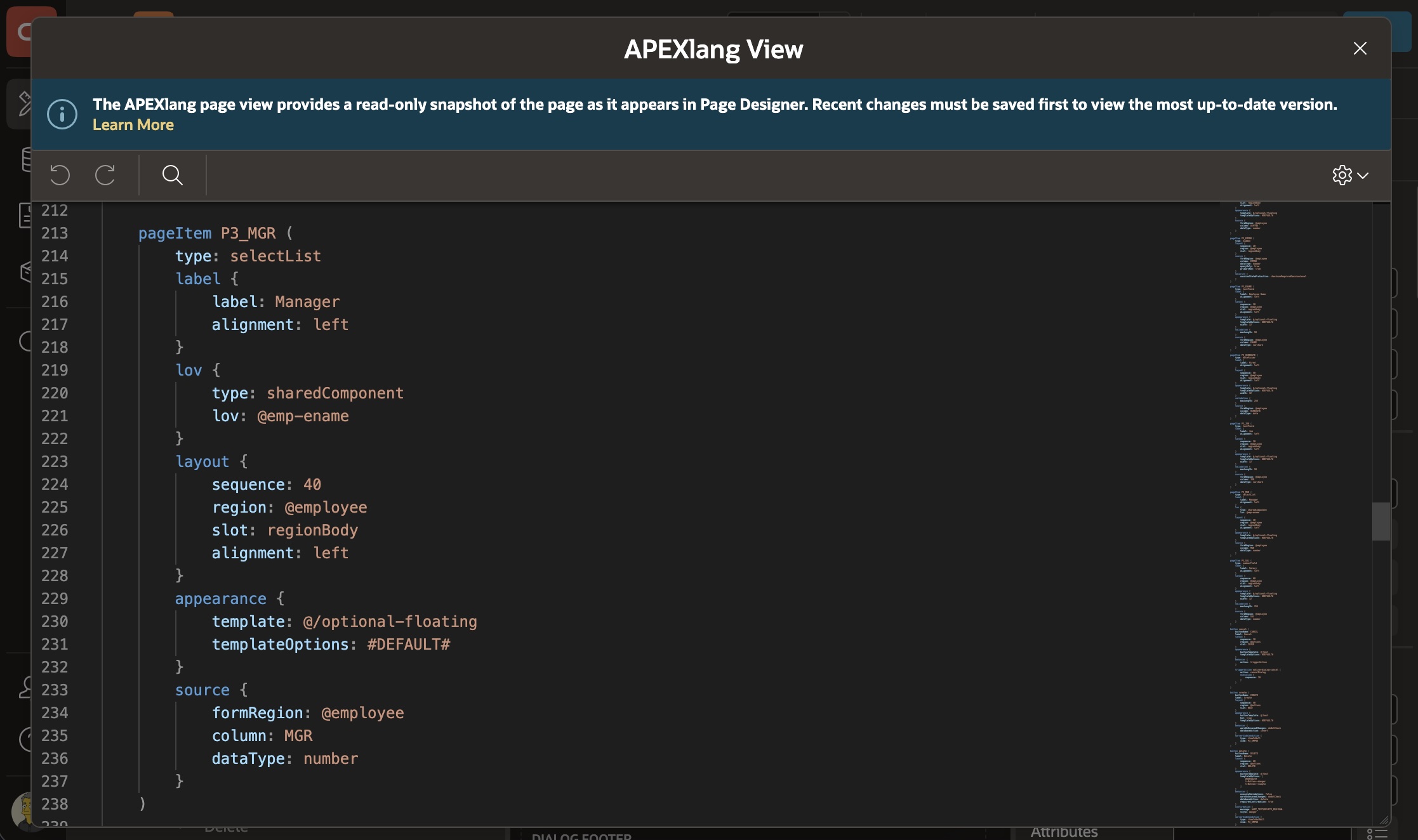 App Builder 中查看当前页面的 APEXlang 表示
