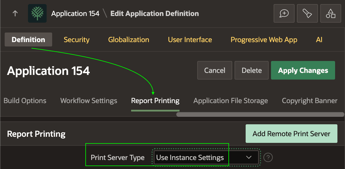 应用级打印服务器类型设置为 Use Instance Settings