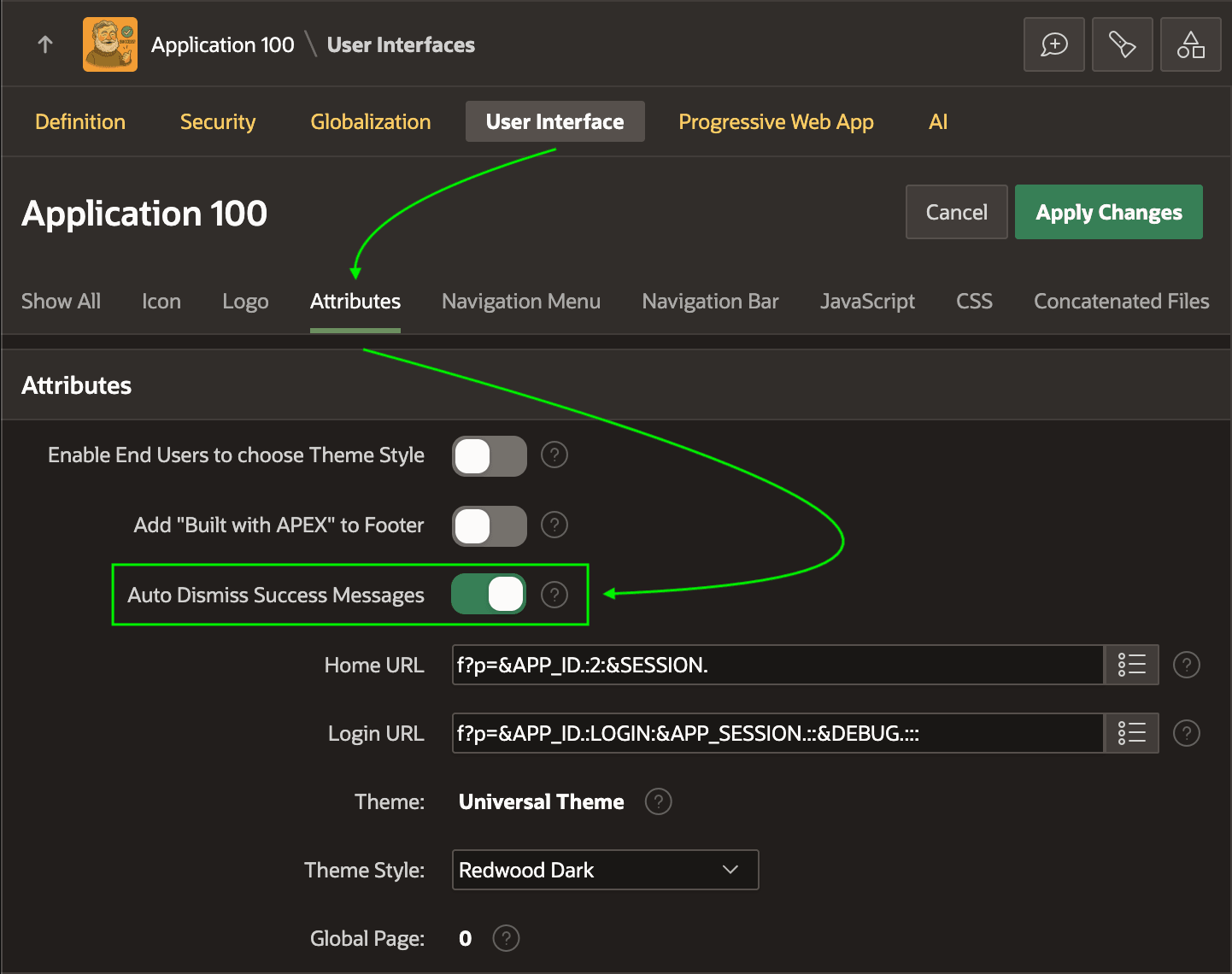 User Interface Attributes 中的 Auto Dismiss Success Messages 开关