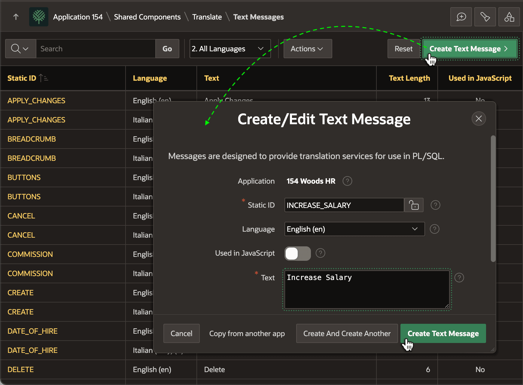 创建名为 INCREASE_SALARY、文本为 Increase Salary 的 Text Message