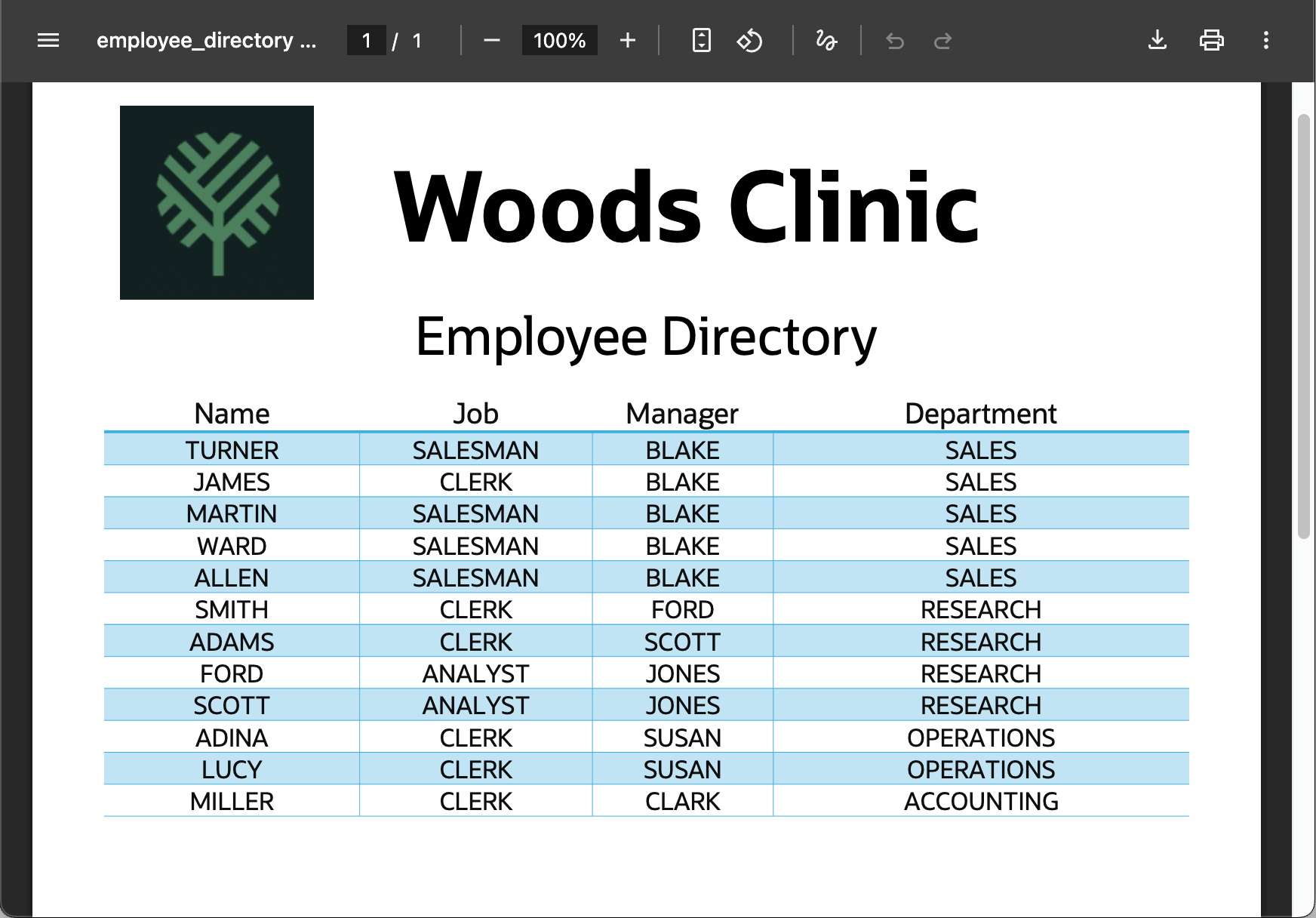 Employee Directory 交互式报表的自定义 PDF 下载结果