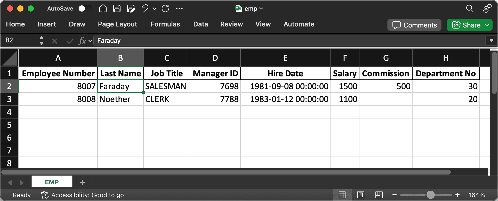 Excel 电子表格中的外部员工数据示例