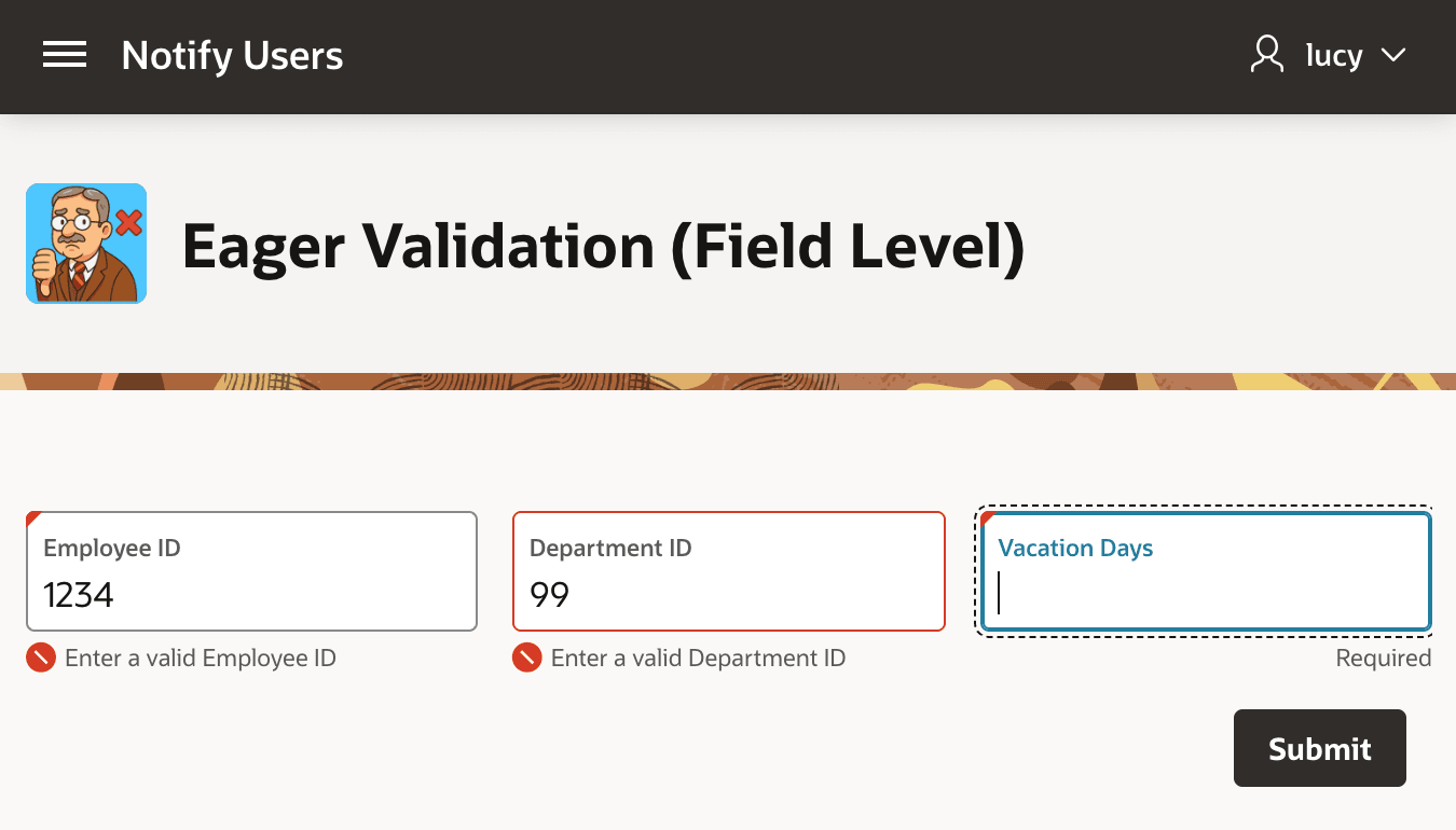Employee ID 和 Department ID 字段下方显示即时字段级错误