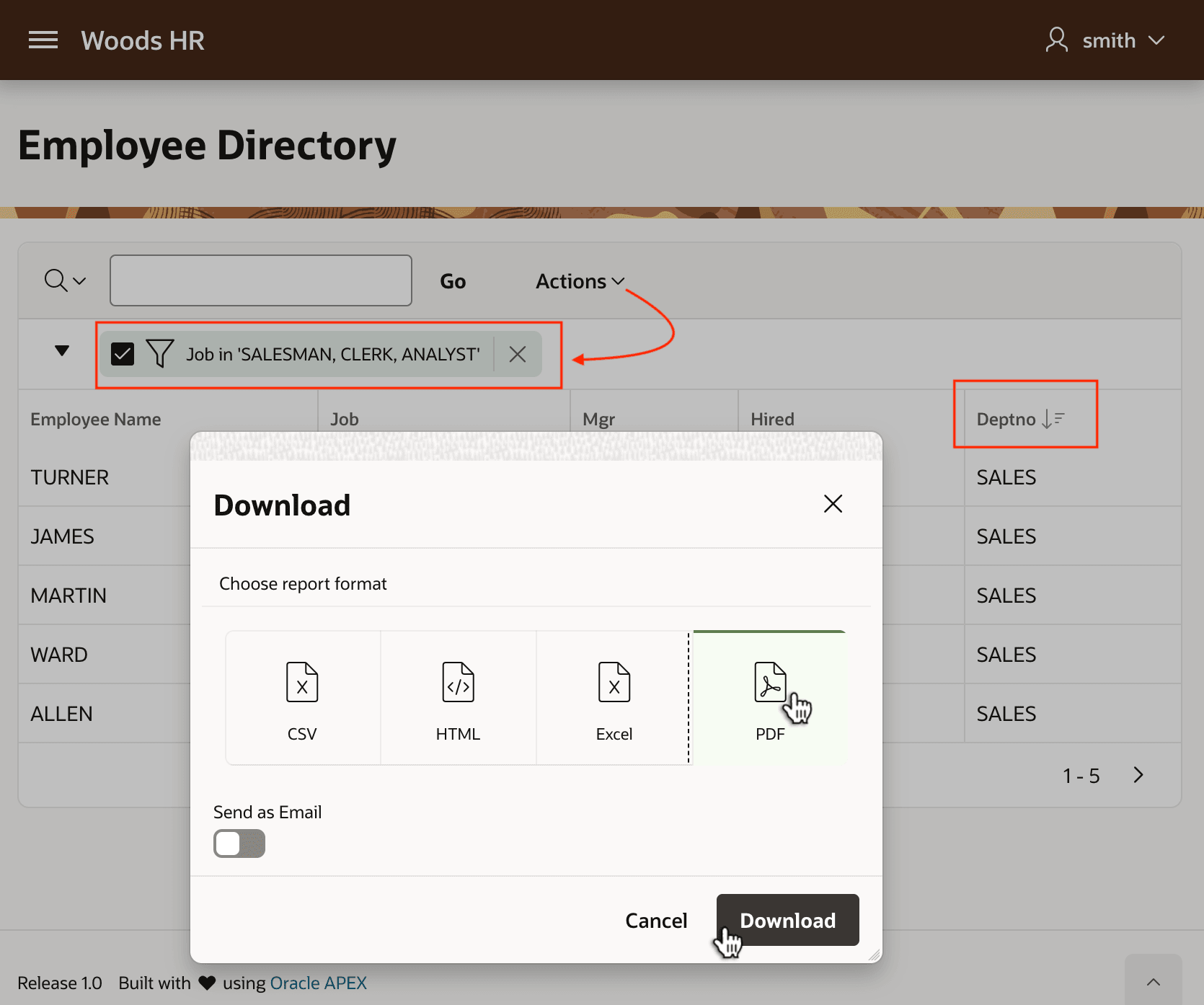 带有筛选和排序的 Employee Directory 交互式报表