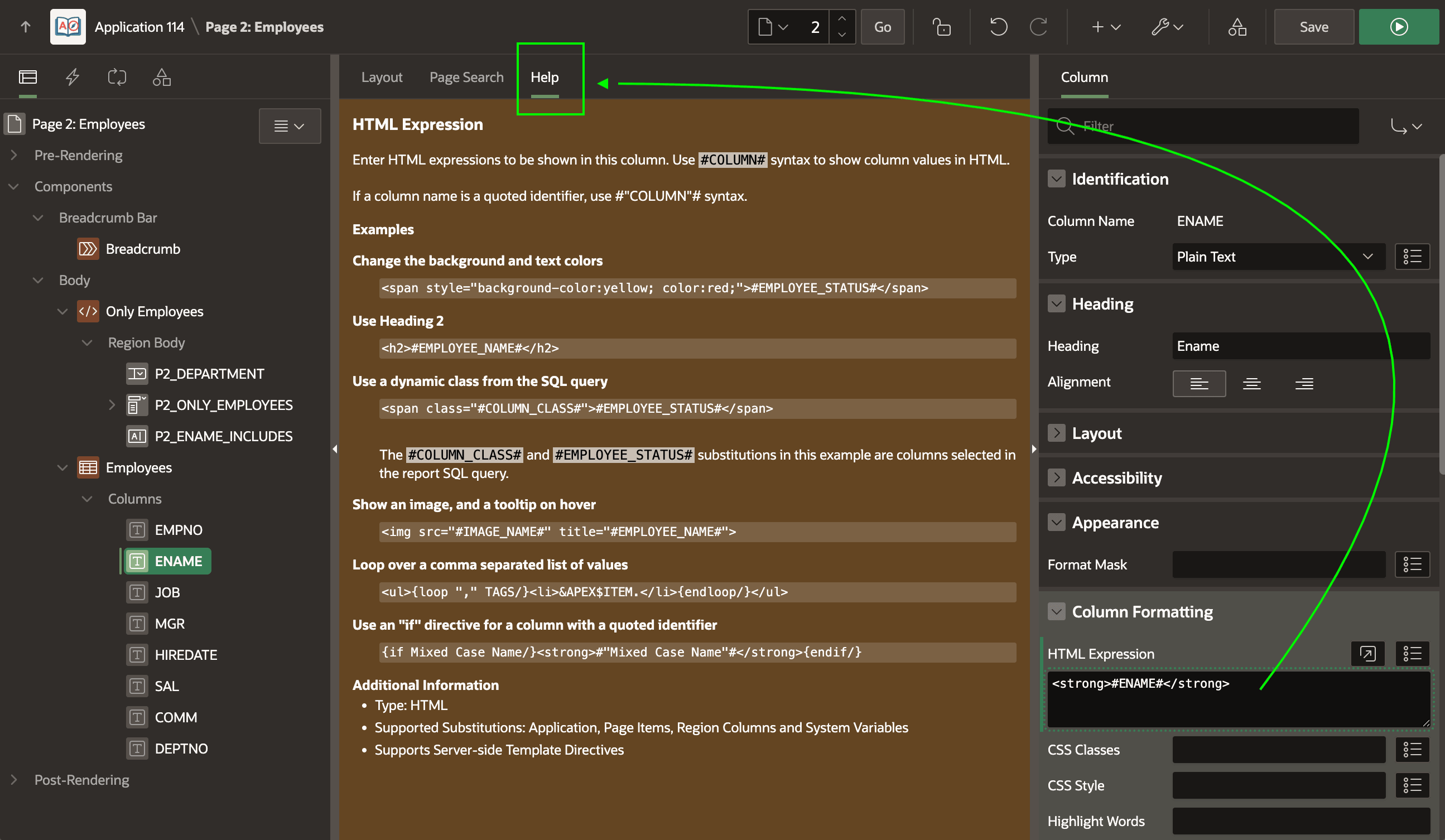 Page Designer 的 Help 选项卡显示当前属性支持的替换语法
