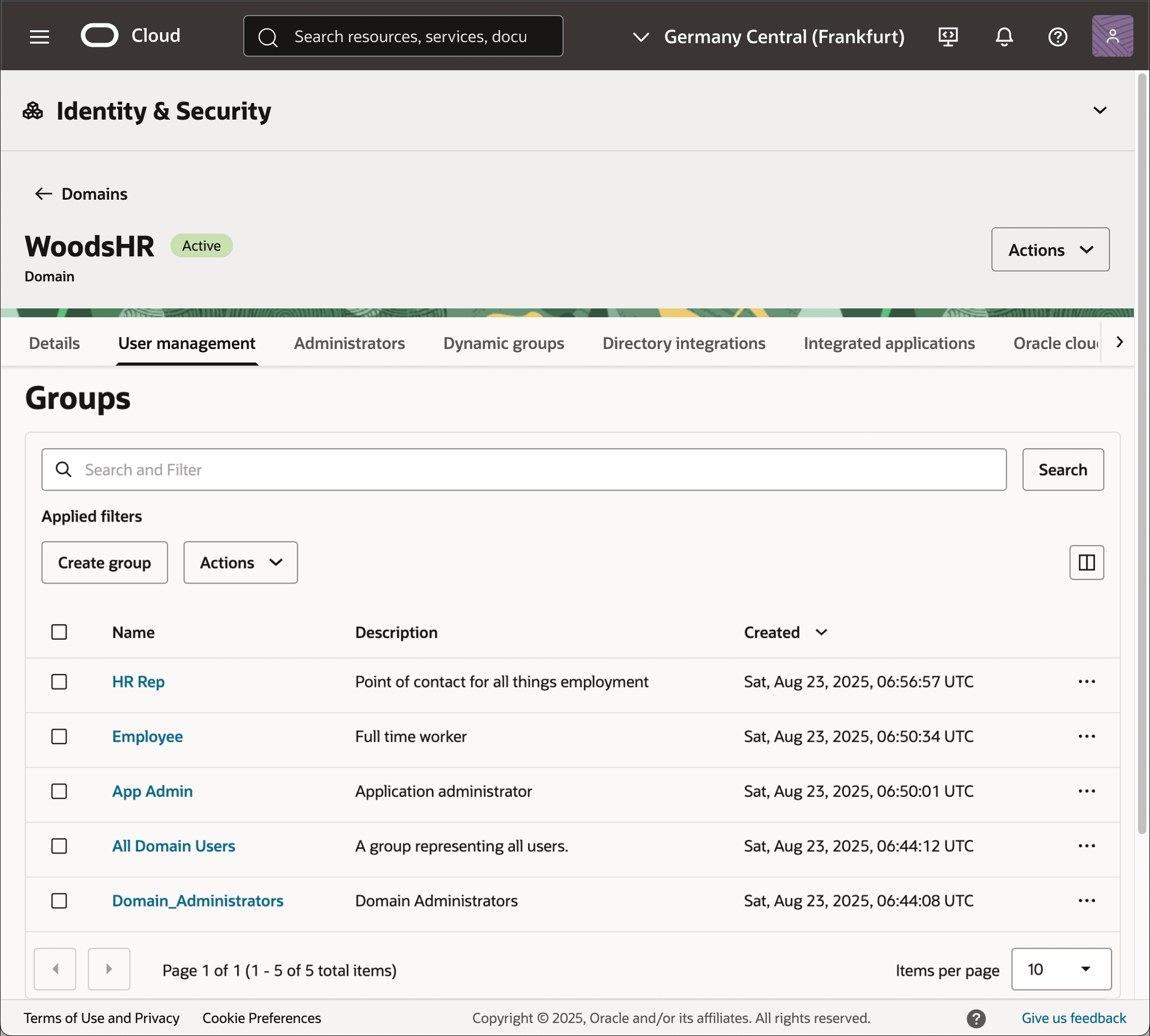 OCI IAM Domain 中的 Employee、HR Rep 和 App Admin 组