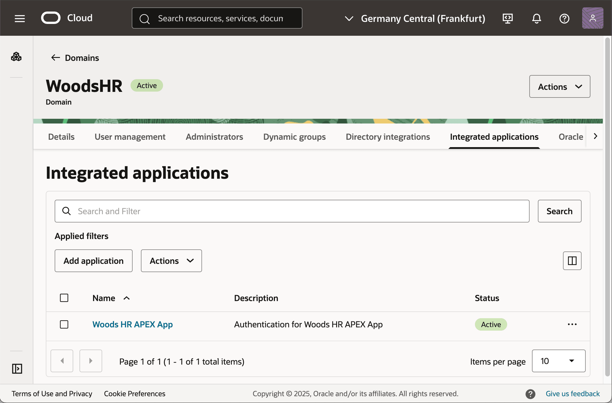 用于 Woods HR APEX 应用的 IAM Integrated App