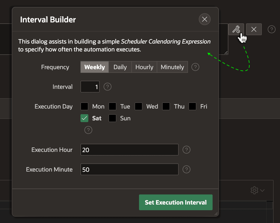 Interval Builder 中配置每周六 20:50 的调度表达式