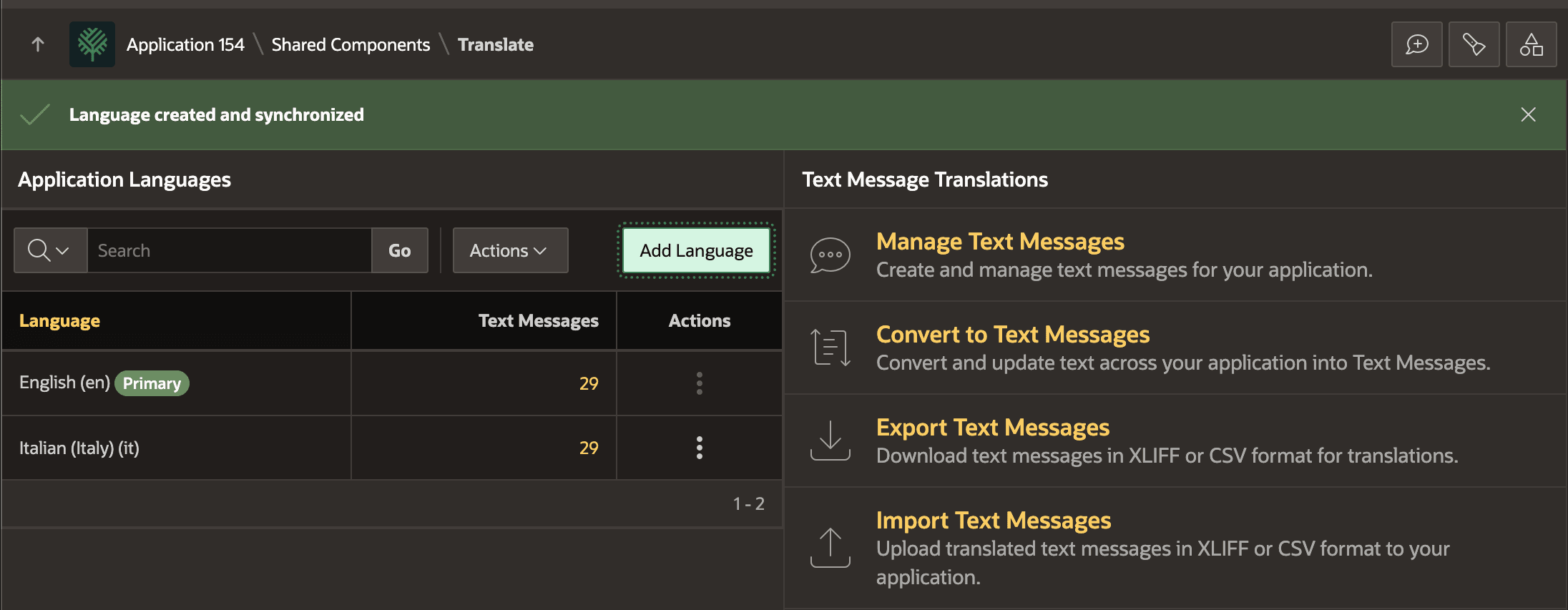 Application Translations 列表显示主语言和已同步的第一个翻译语言