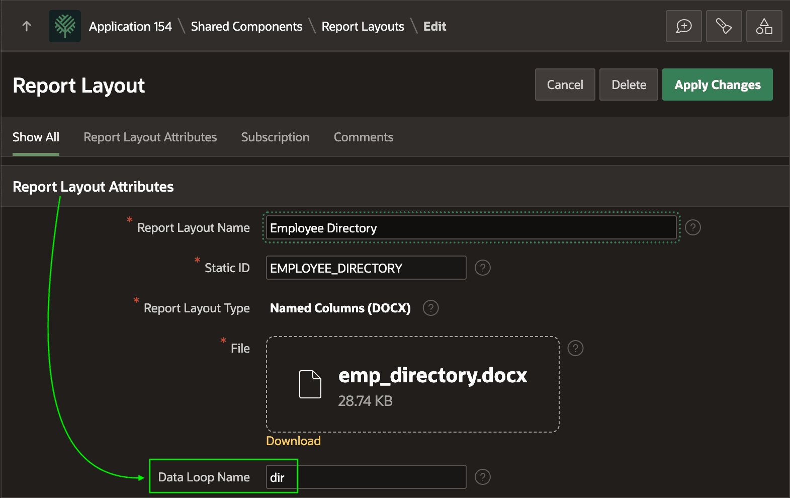 Employee Directory 布局 Data Loop Name 设置为 dir