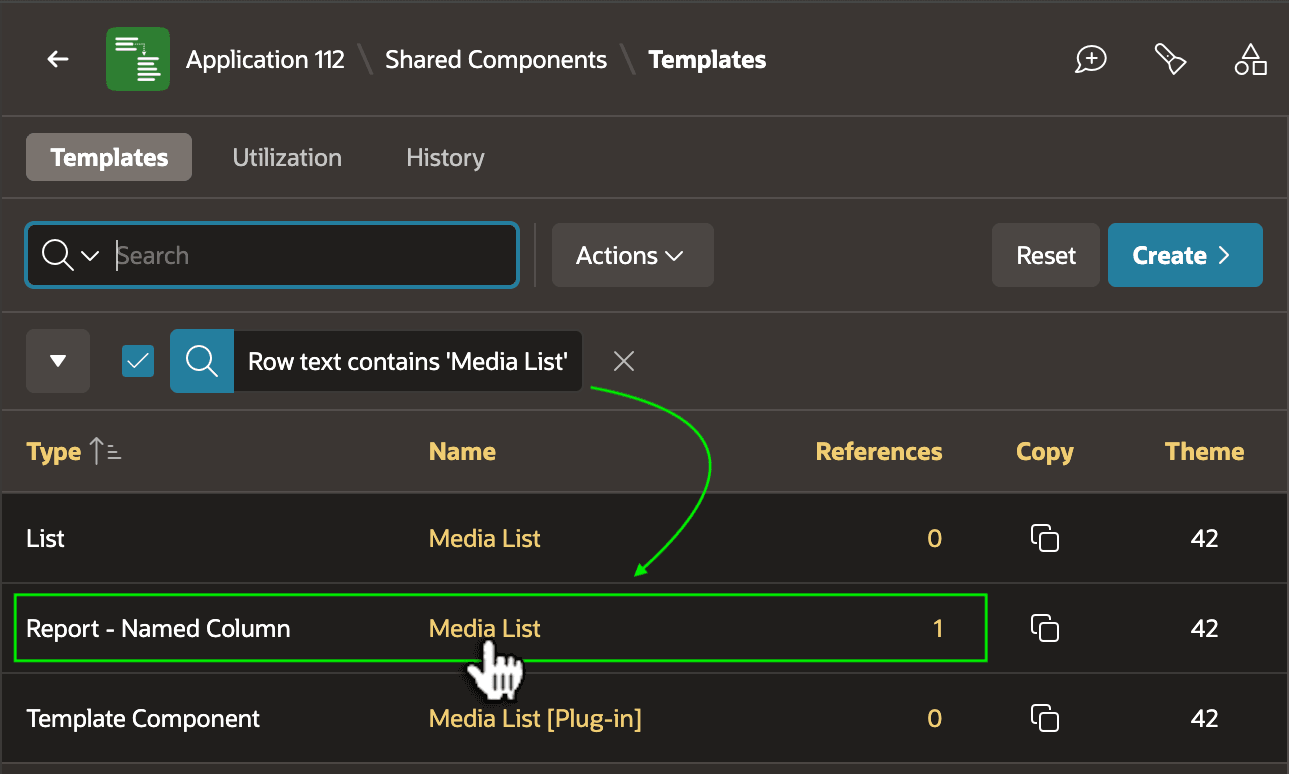 Shared Components 的 Templates 页面中搜索 Media List