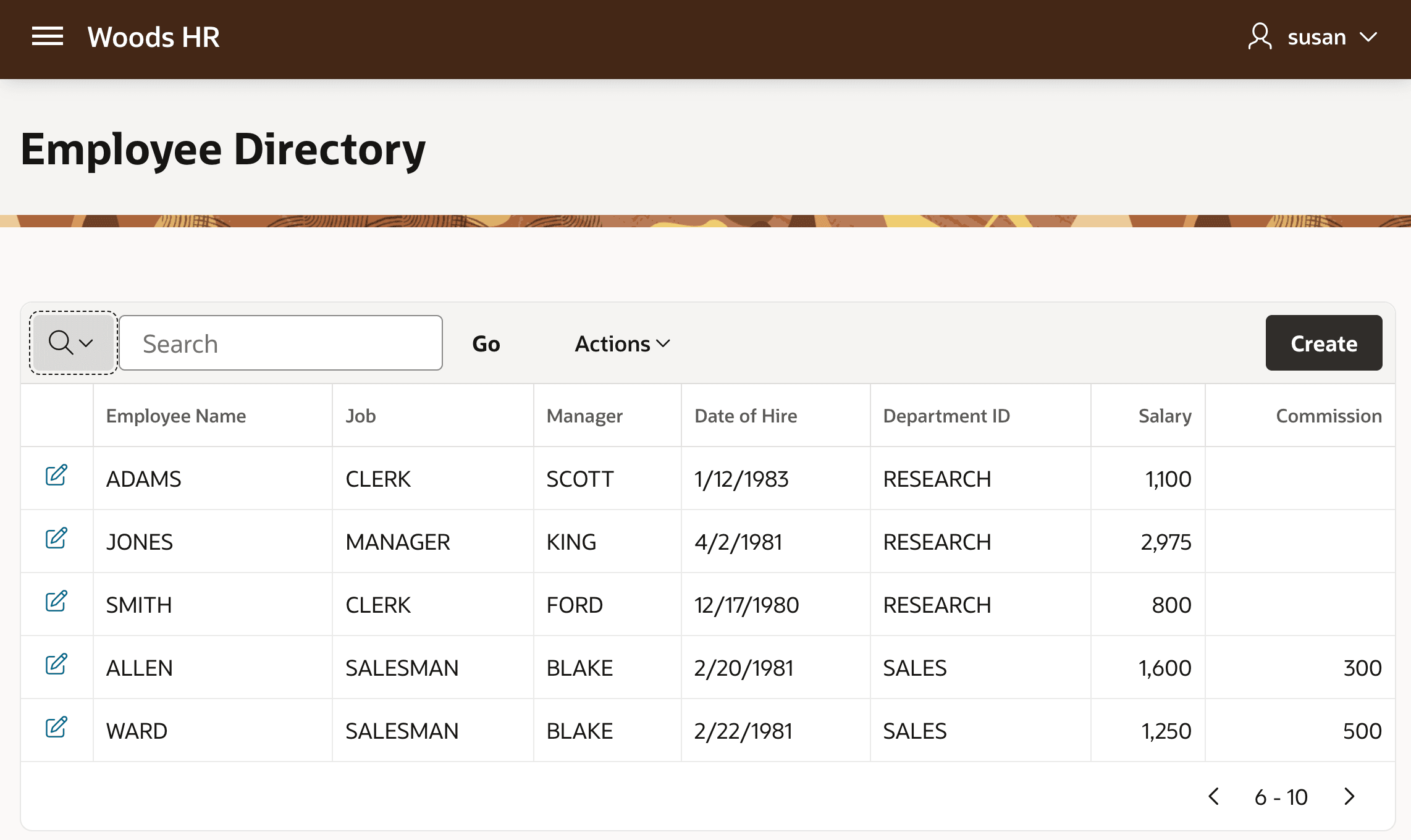 主语言中的 Employee Directory 页面，包含员工交互式报表