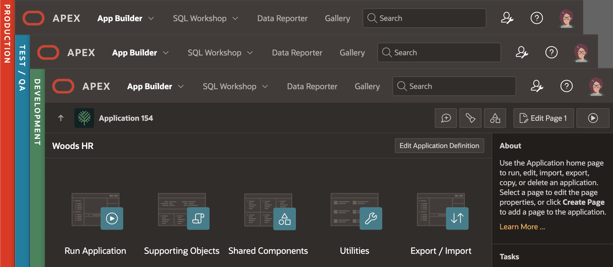 三个 App Builder 工作区分别使用 PRODUCTION、TEST / QA 和 DEVELOPMENT 环境 Banner