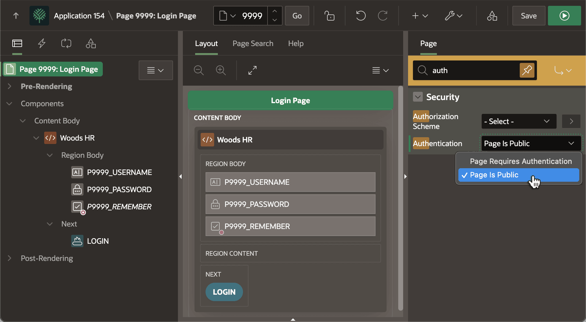 Page Designer 中页面 Authentication 属性的公开或需认证选项