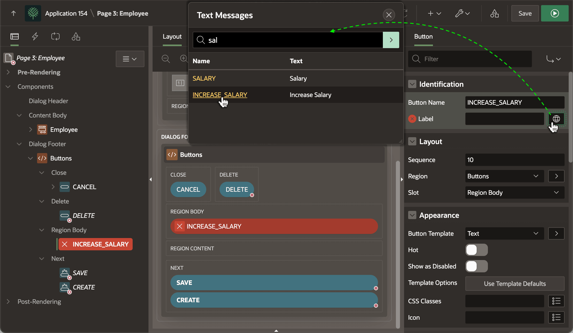 在 Text Messages Picker 中搜索并选择 INCREASE_SALARY