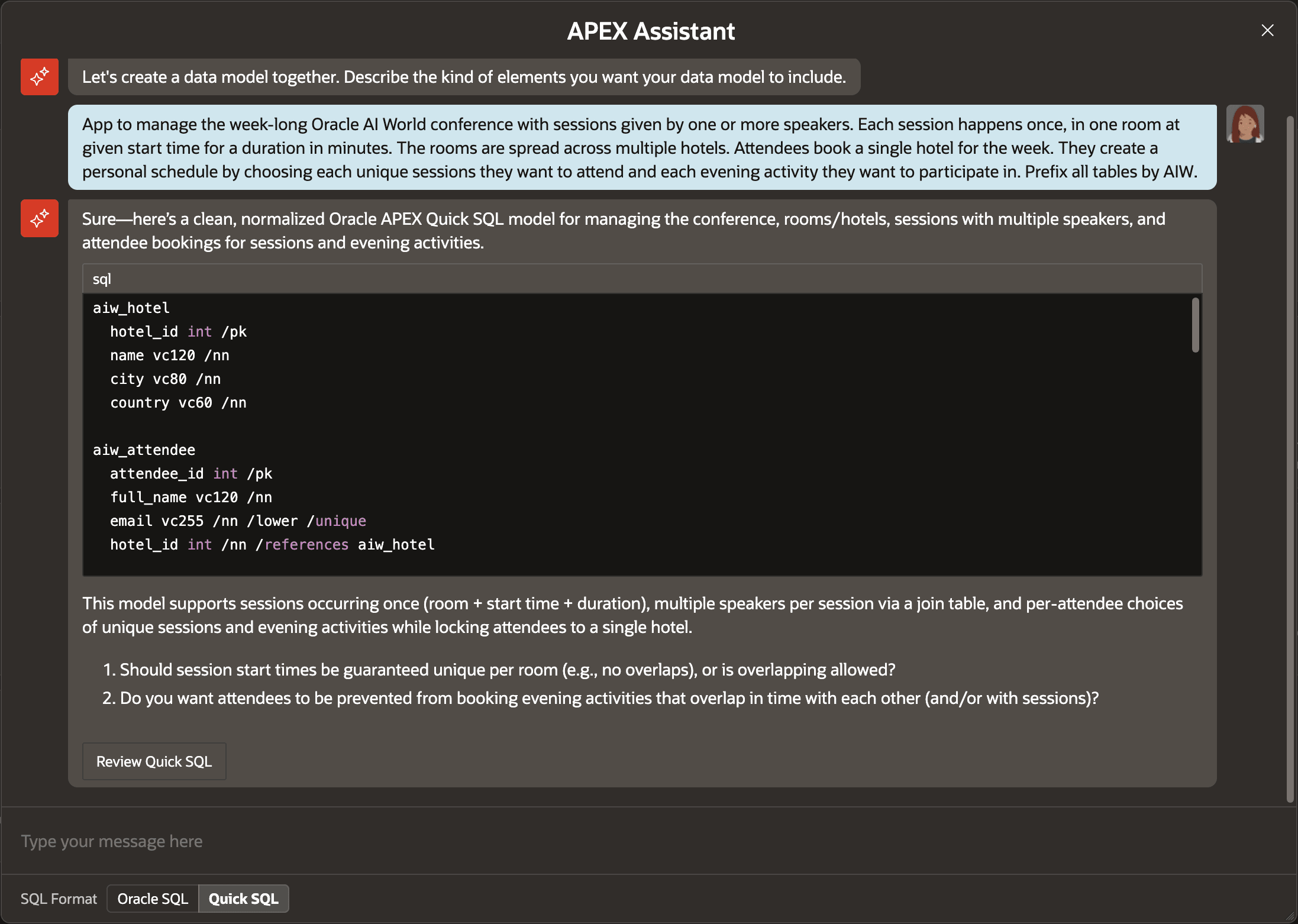 向 APEX Assistant 说明数据模型需求