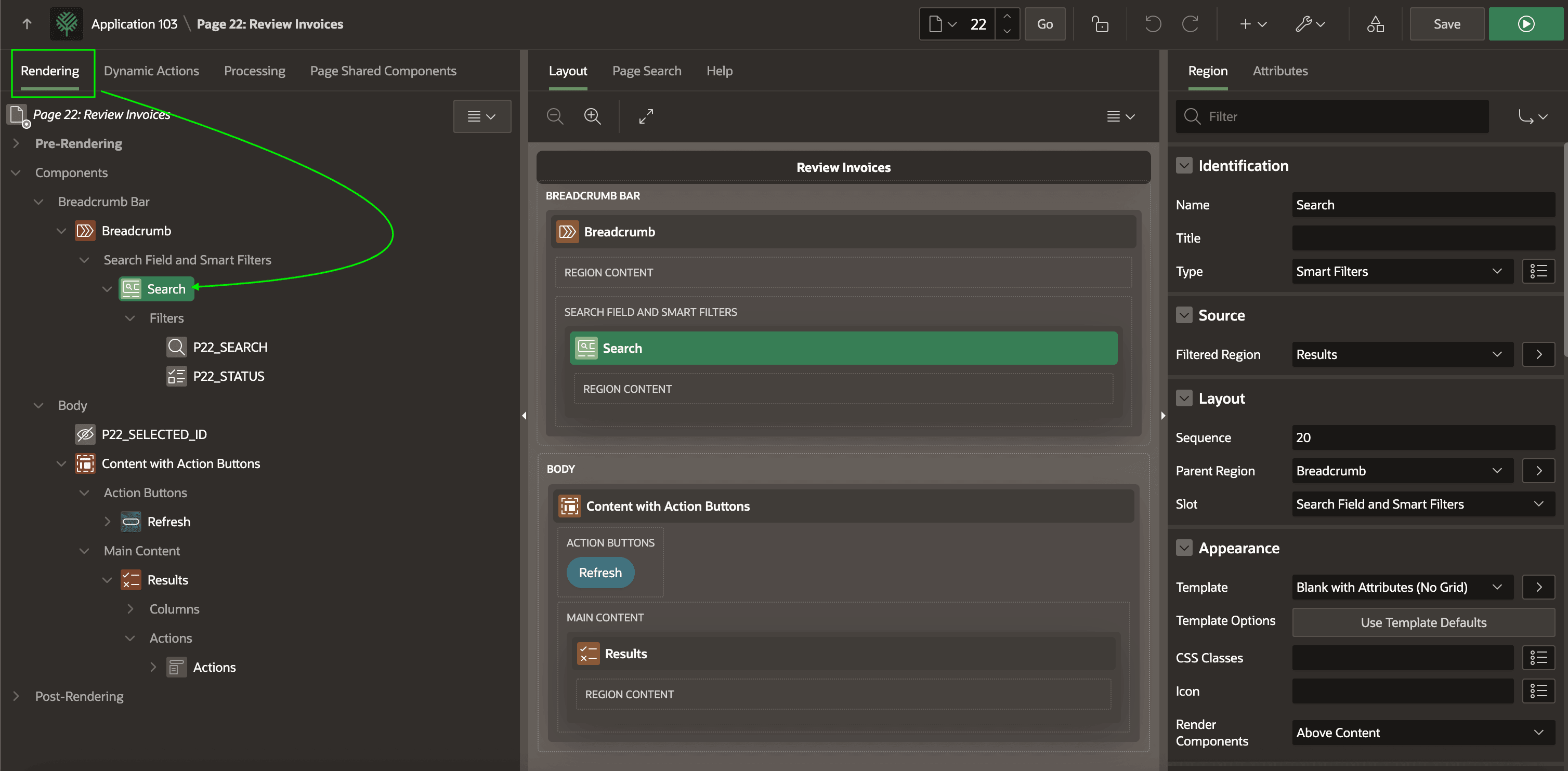 图 3-7 Rendering、Dynamic Actions、Processing 与 Page Shared Components 选项卡