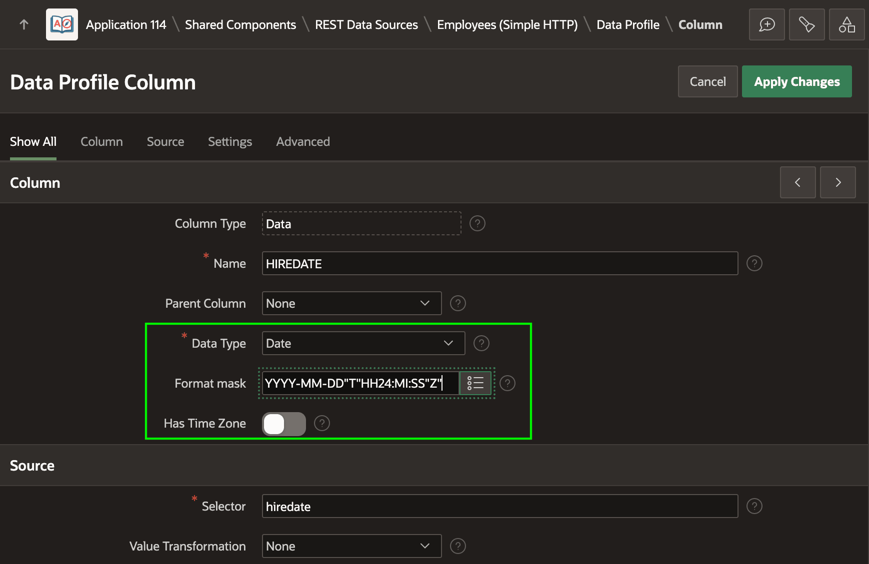 调整 HIREDATE Data Profile 列的数据类型