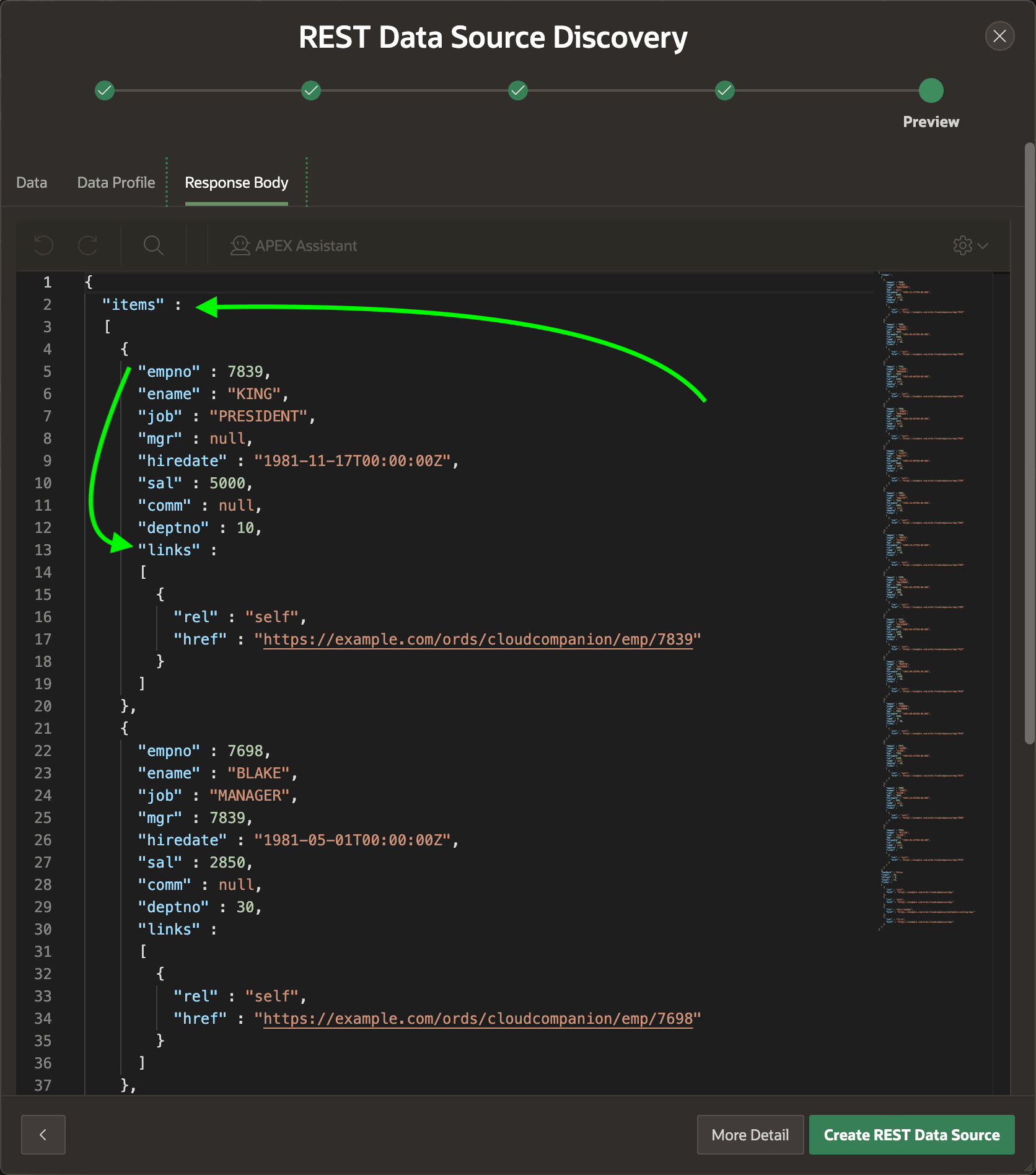检查 REST API 响应中的 items 数组和 links 数组