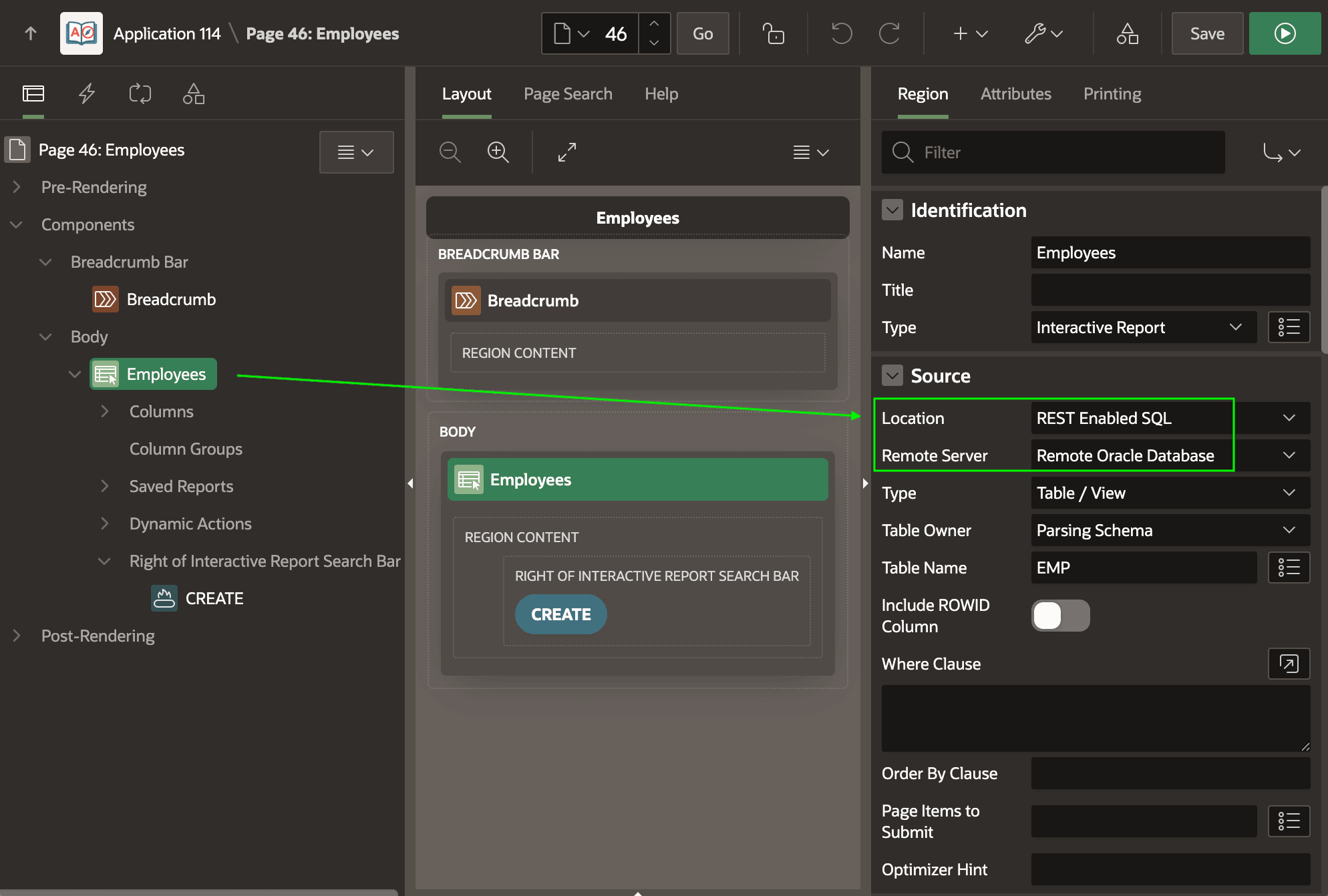 Interactive Report 使用 REST-Enabled SQL 访问远程 EMP 表