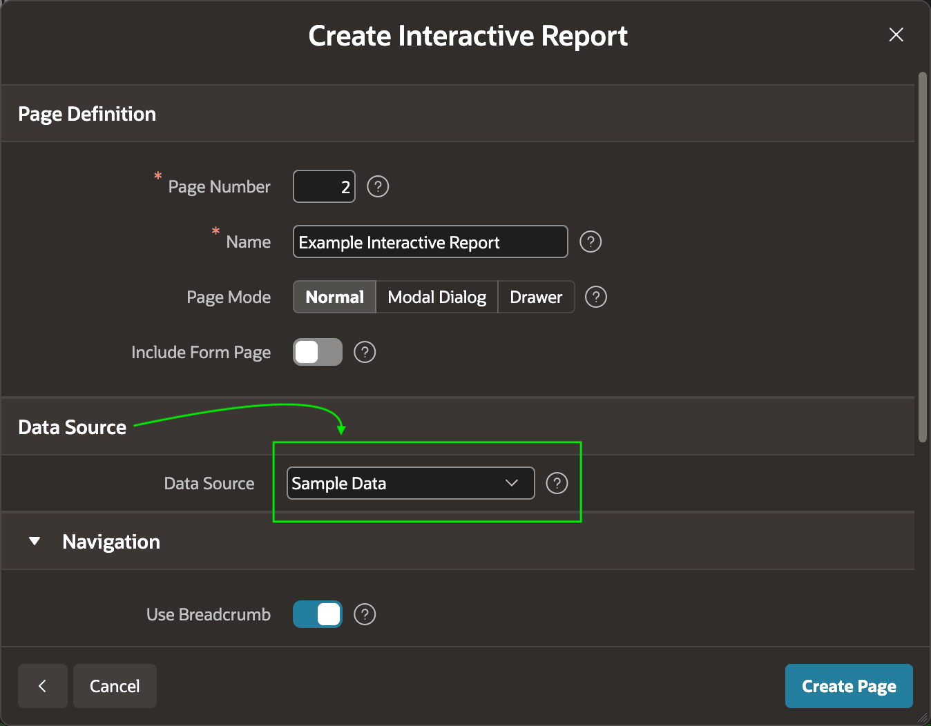 在 Create Page Wizard 中选择 Sample Data 作为数据源