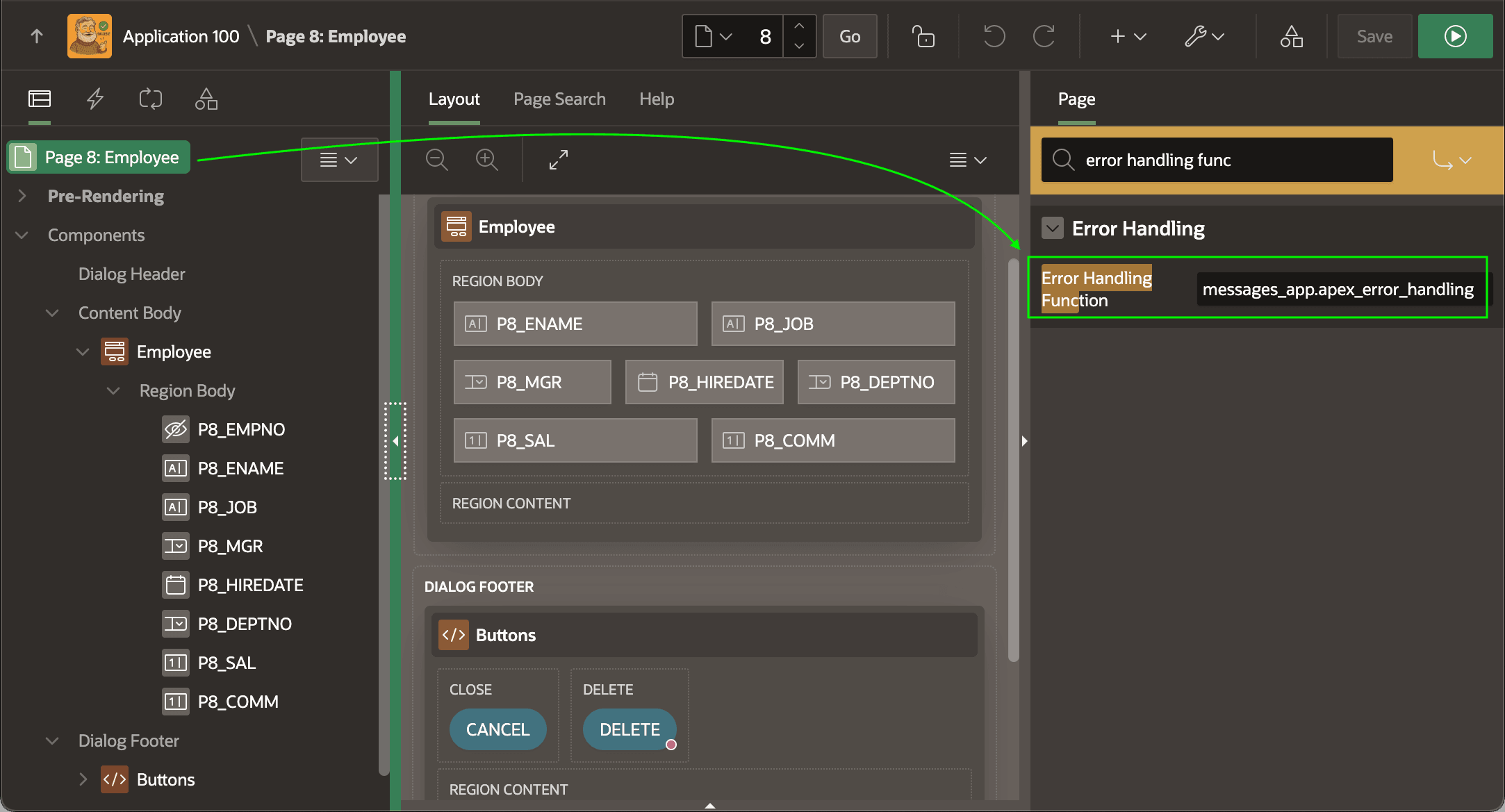 页面属性中配置 Error Handling Function