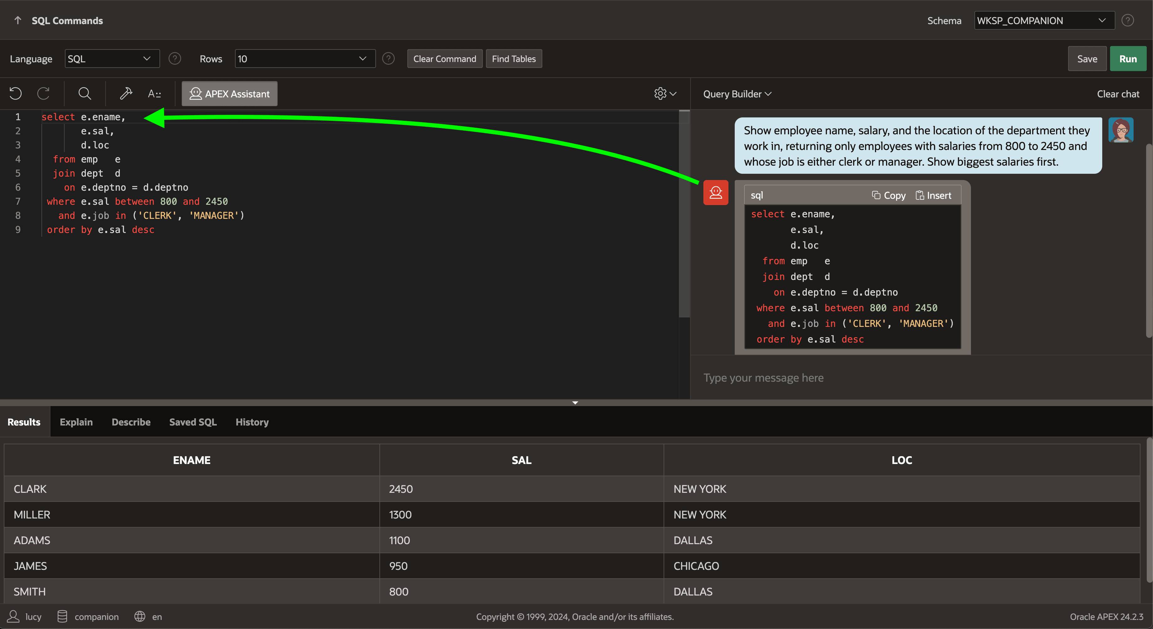APEX Assistant 帮助编写 SQL
