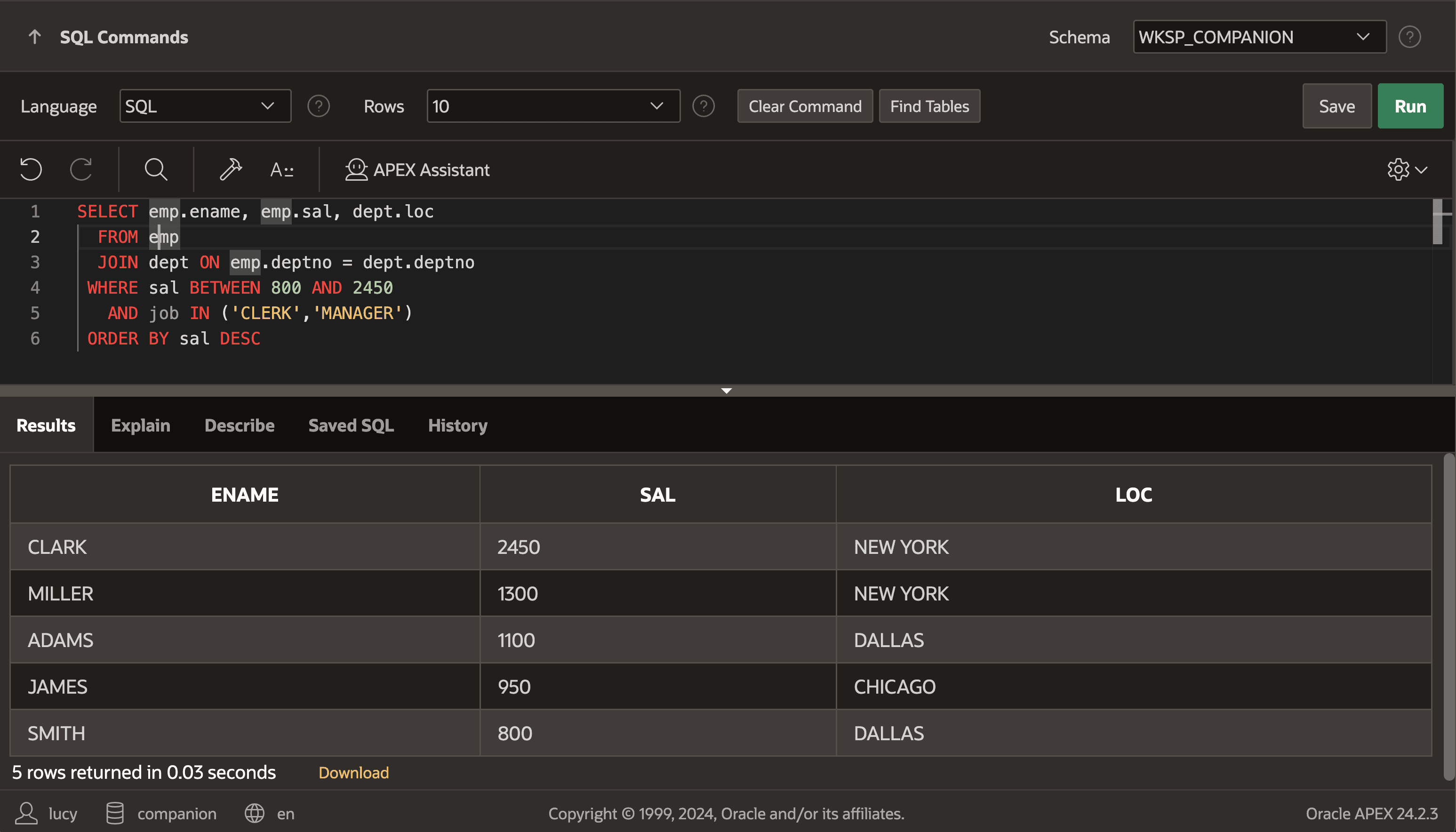 在 SQL Commands 中实验 SQL