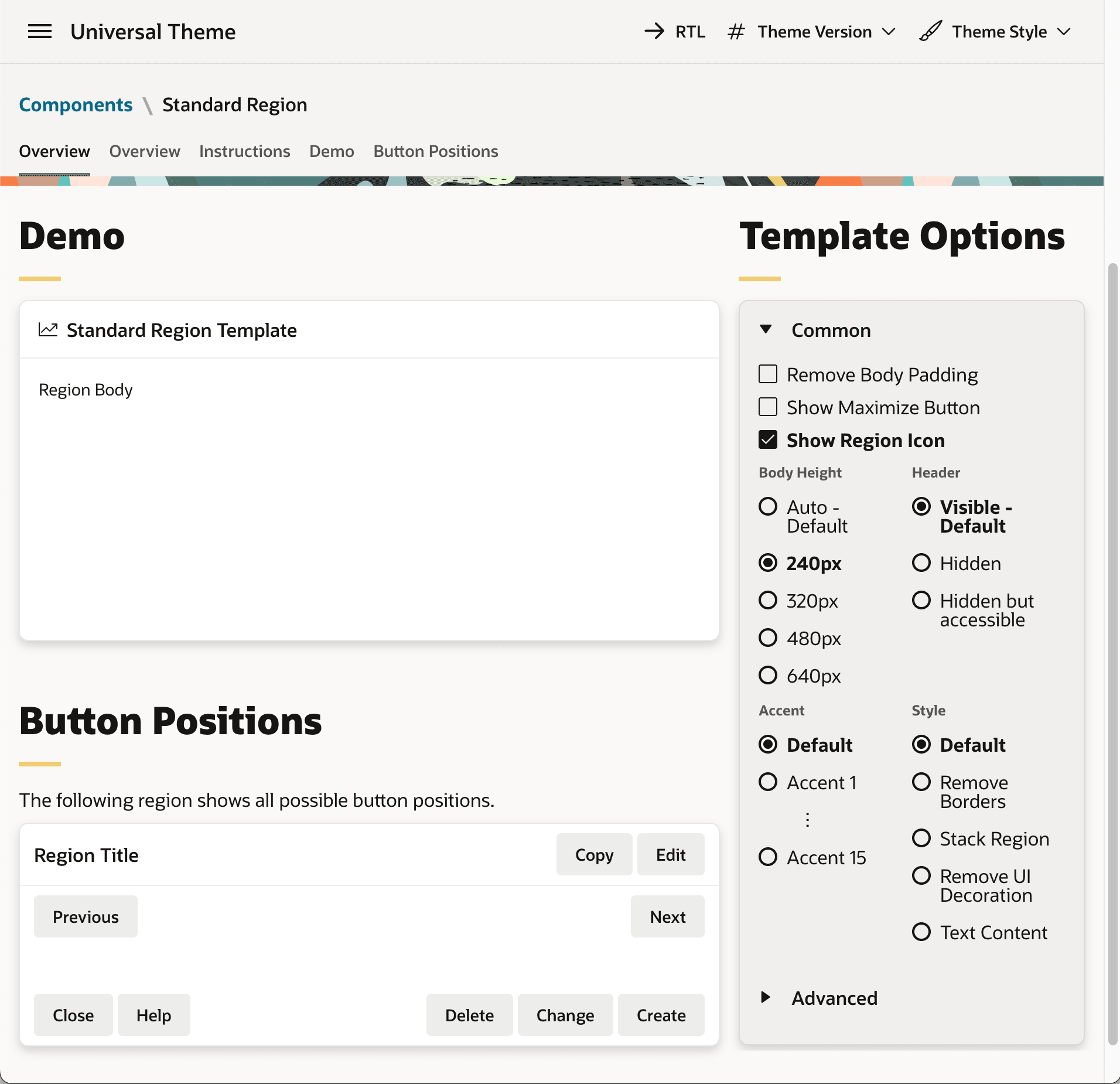 图 3-57 Universal Theme Reference App 中的 Standard 区域模板选项