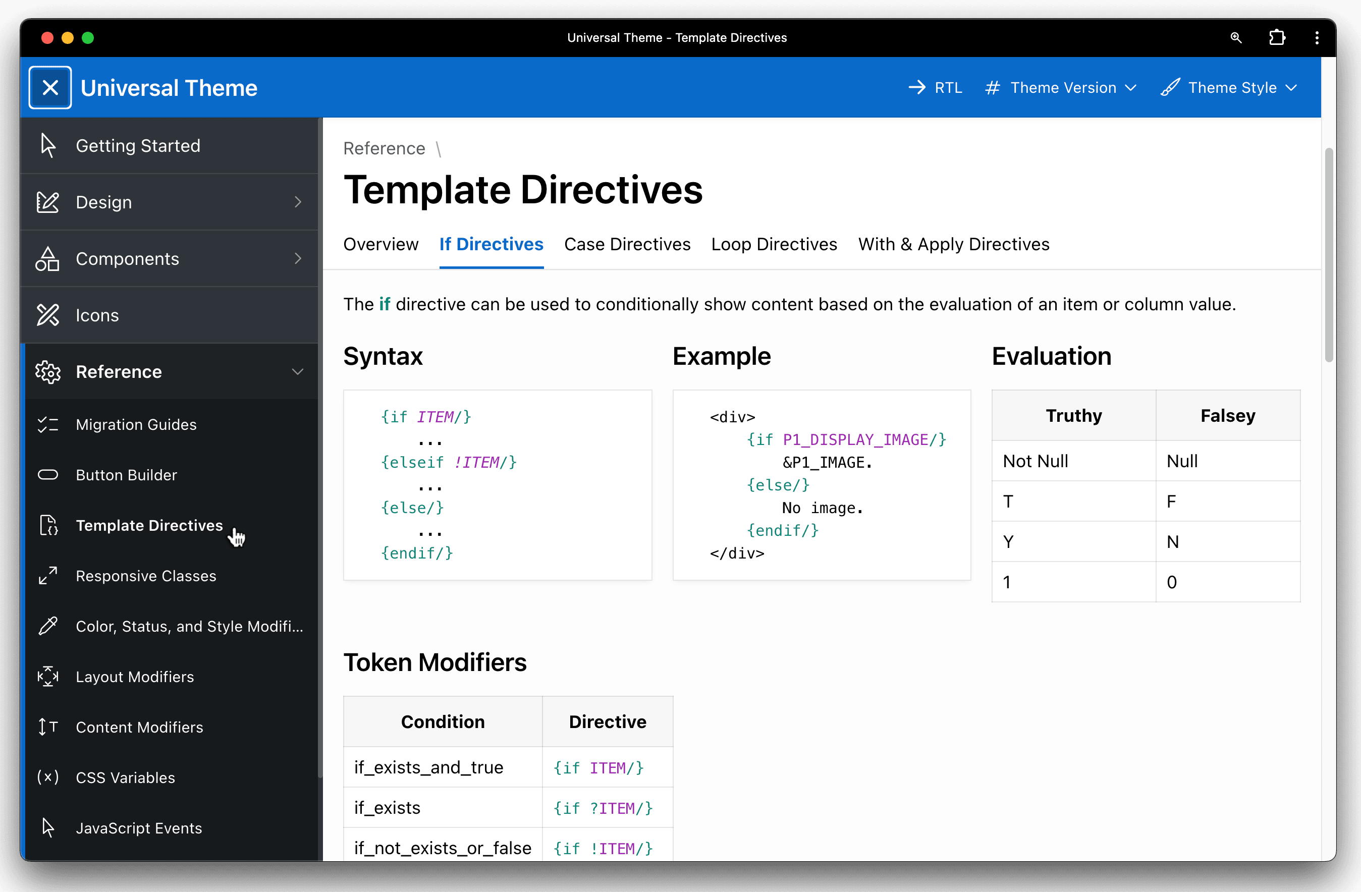 Universal Theme Reference 应用中的 Template Directives 页面