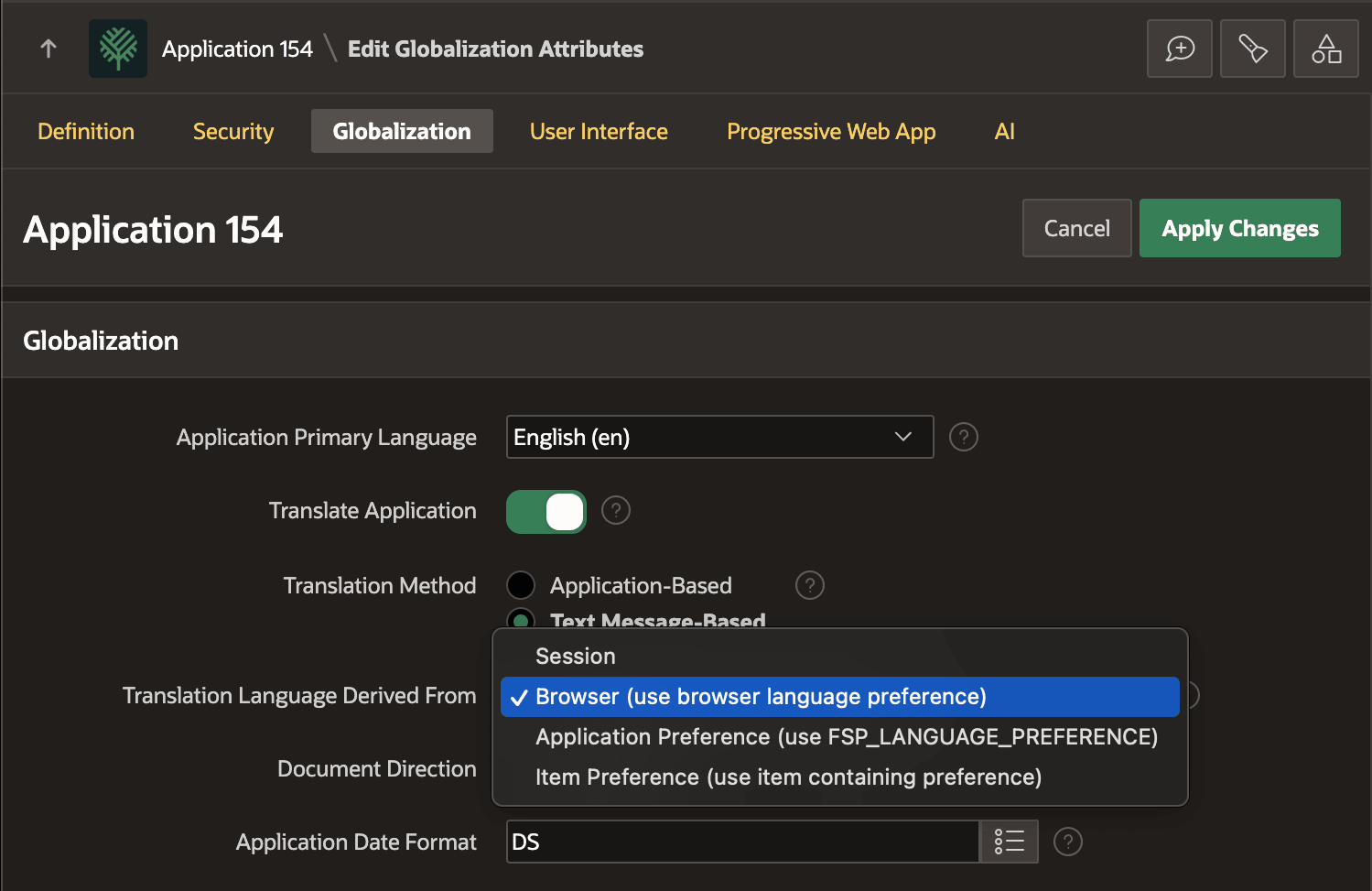 Globalization Attributes 中配置 Application Language Derived From 为 Browser