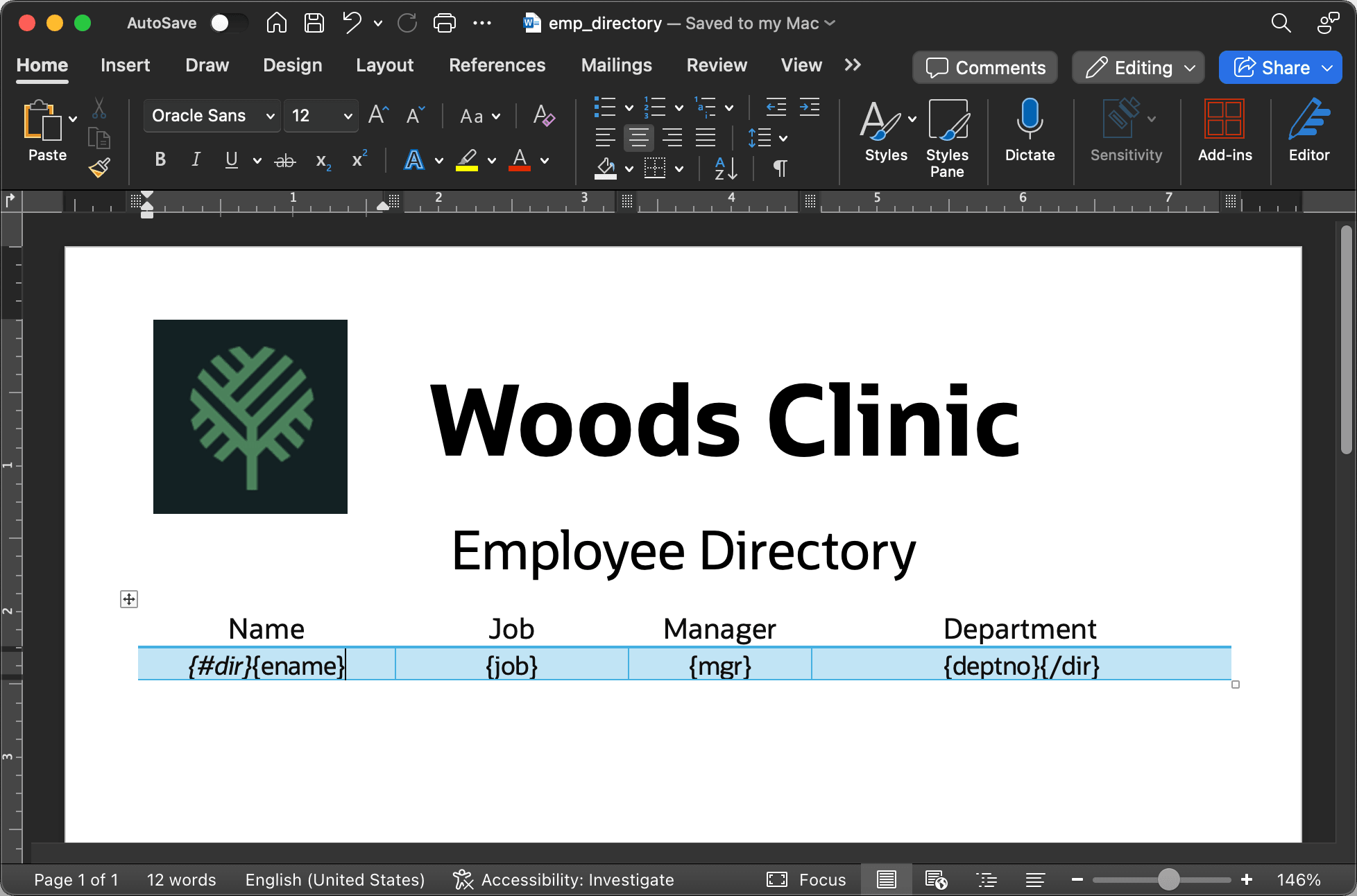 Employee Directory 的 Microsoft Word 布局文档